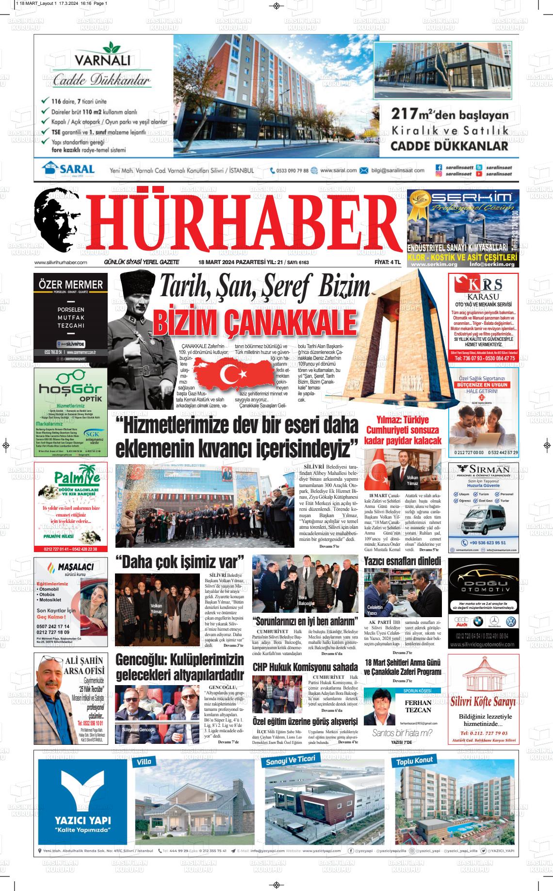 18 Mart 2024 Hürhaber Gazete Manşeti