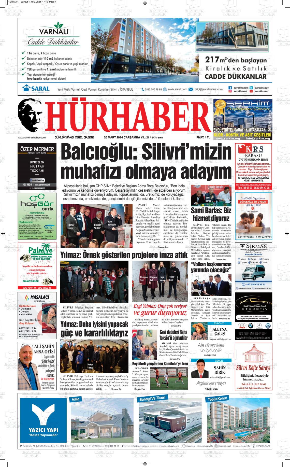 20 Mart 2024 Hürhaber Gazete Manşeti