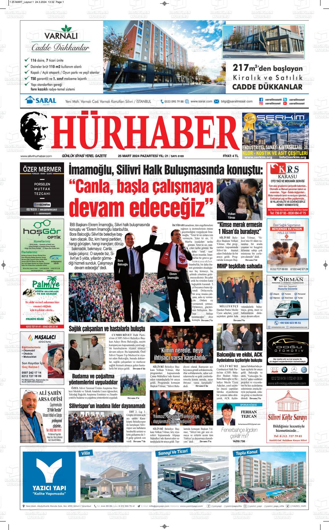 25 Mart 2024 Hürhaber Gazete Manşeti