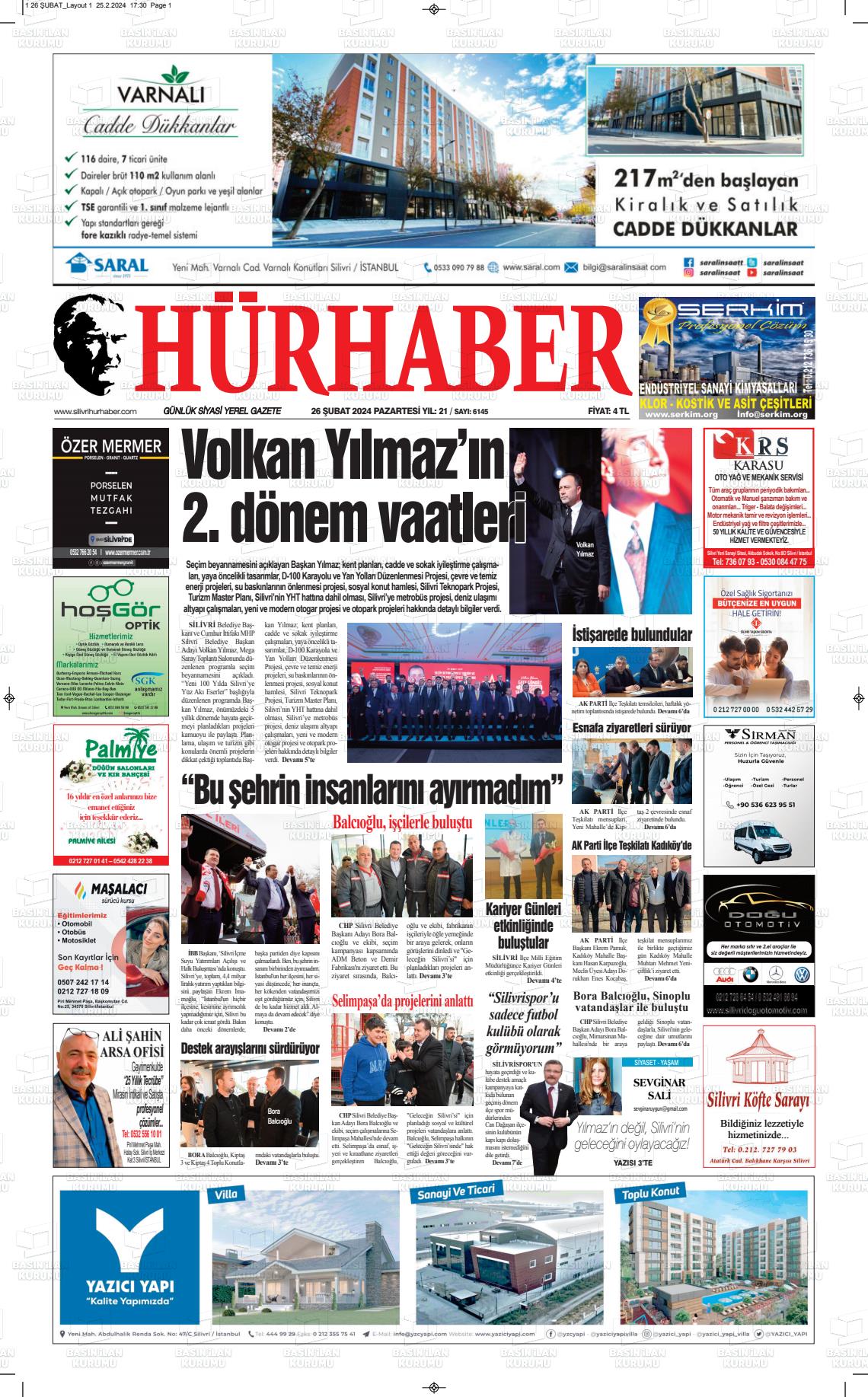 26 Şubat 2024 Hürhaber Gazete Manşeti