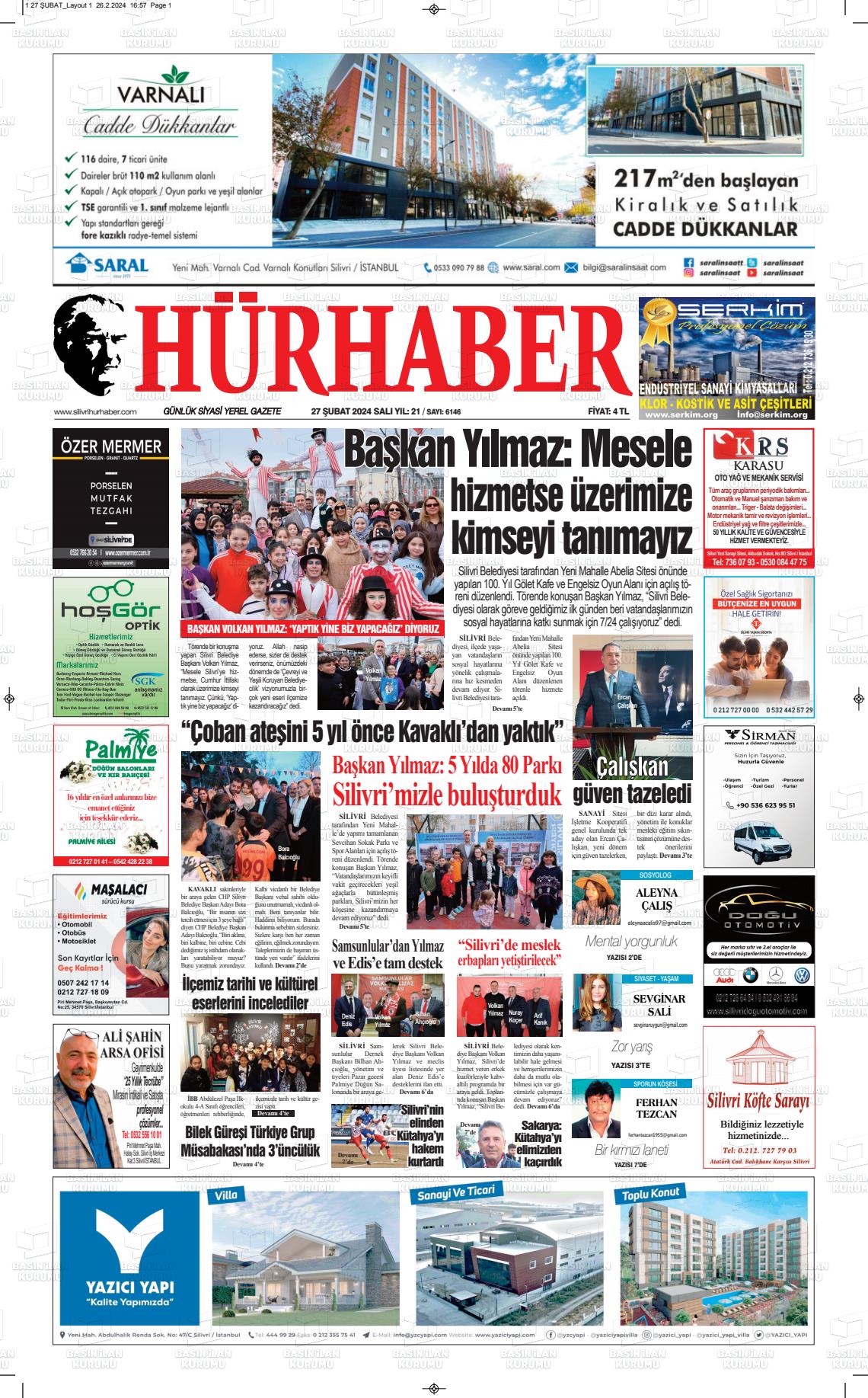 27 Şubat 2024 Hürhaber Gazete Manşeti