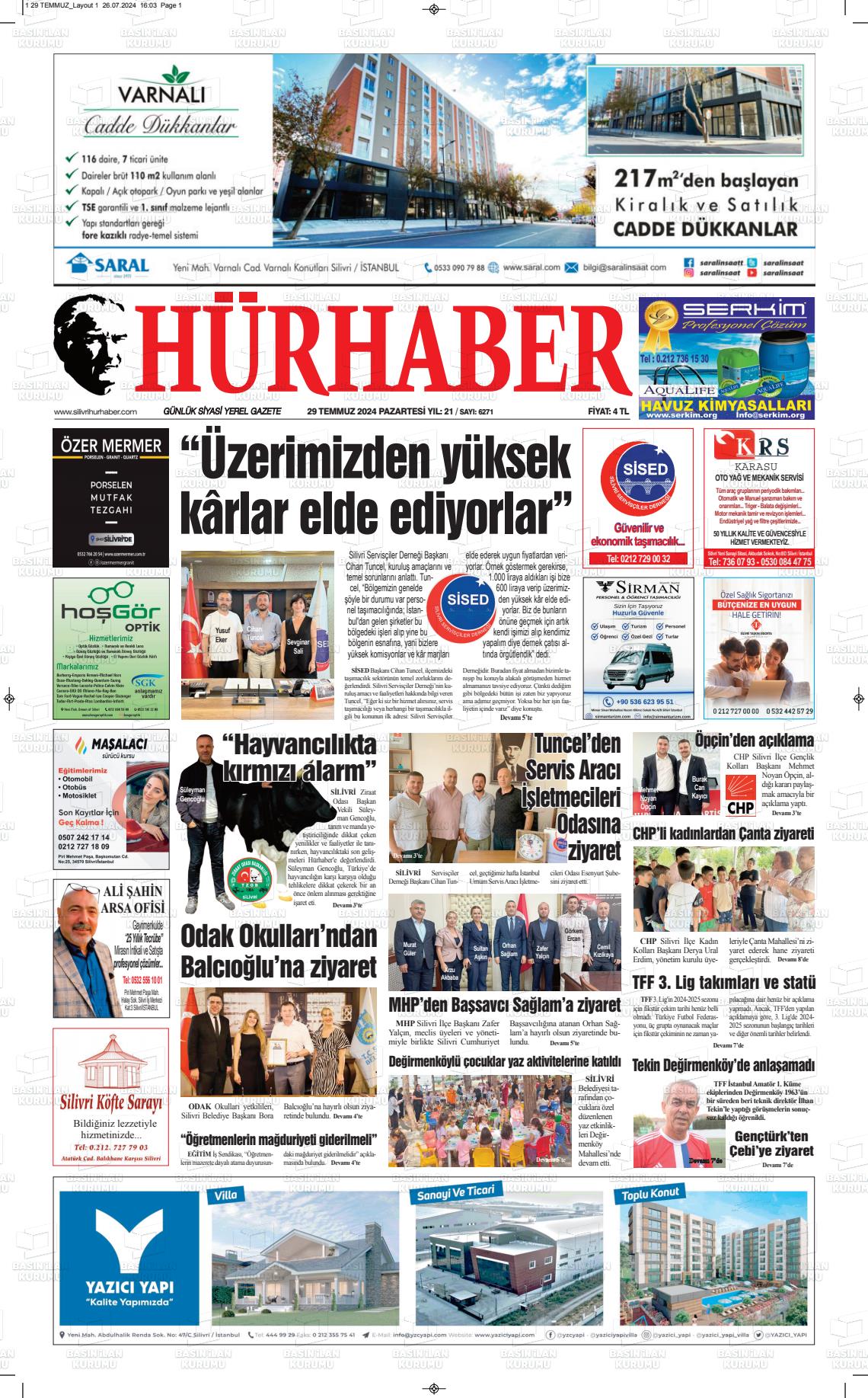 29 Temmuz 2024 Hürhaber Gazete Manşeti