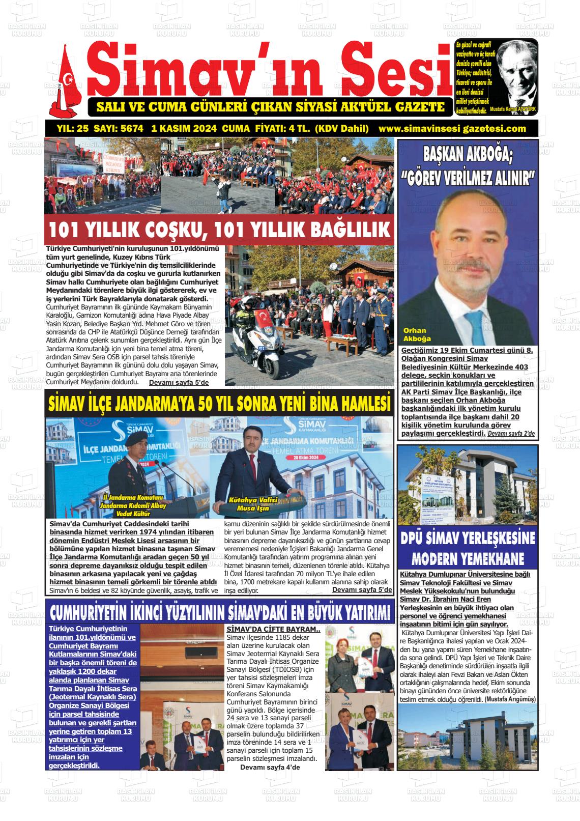 01 Kasım 2024 Simav'ın Sesi Gazete Manşeti