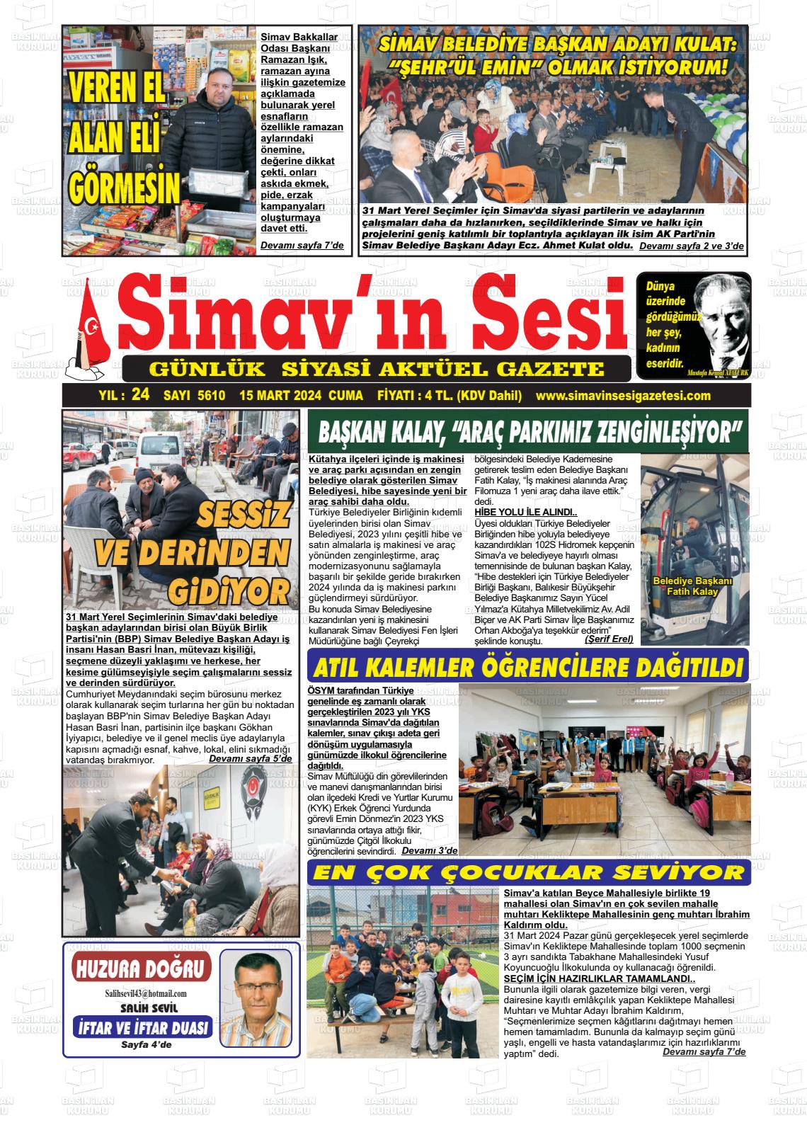 15 Mart 2024 Simav'ın Sesi Gazete Manşeti