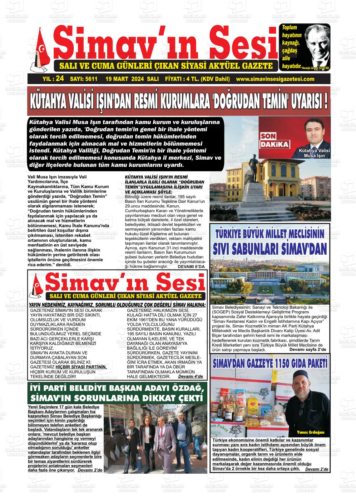 19 Mart 2024 Simav'ın Sesi Gazete Manşeti