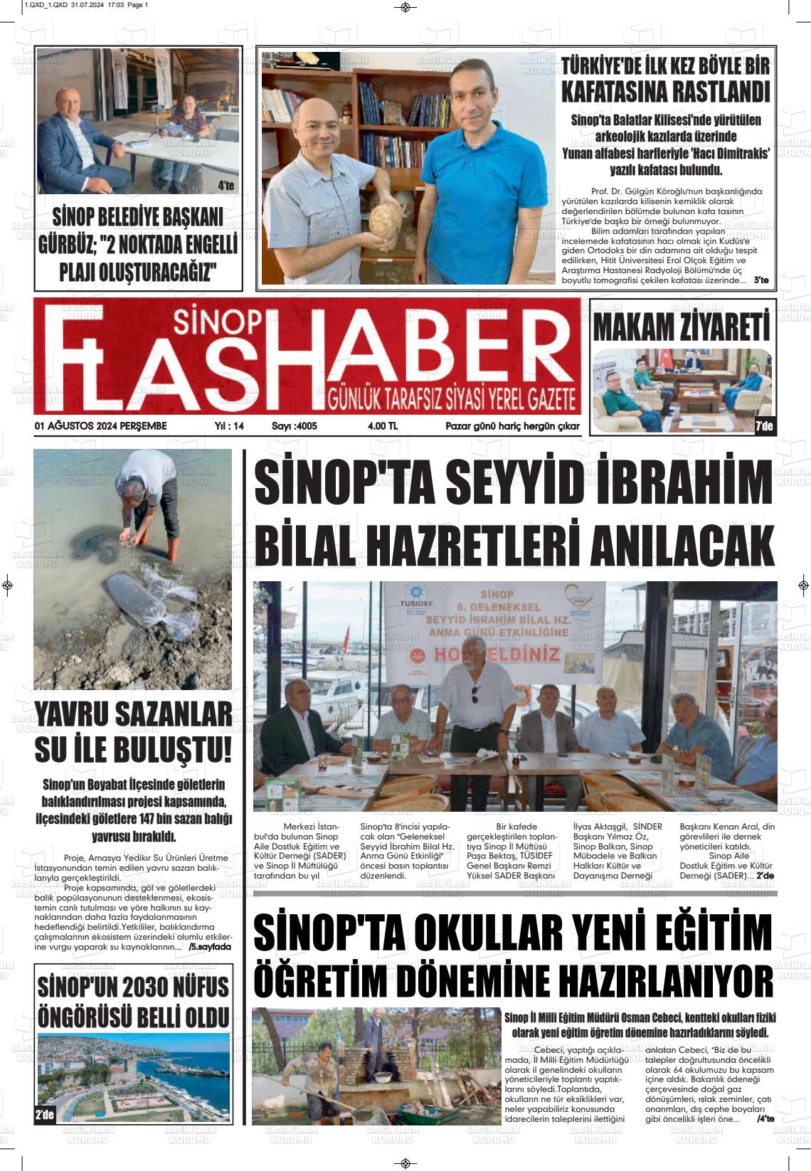 01 Ağustos 2024 Sinop Flaş Haber Gazete Manşeti