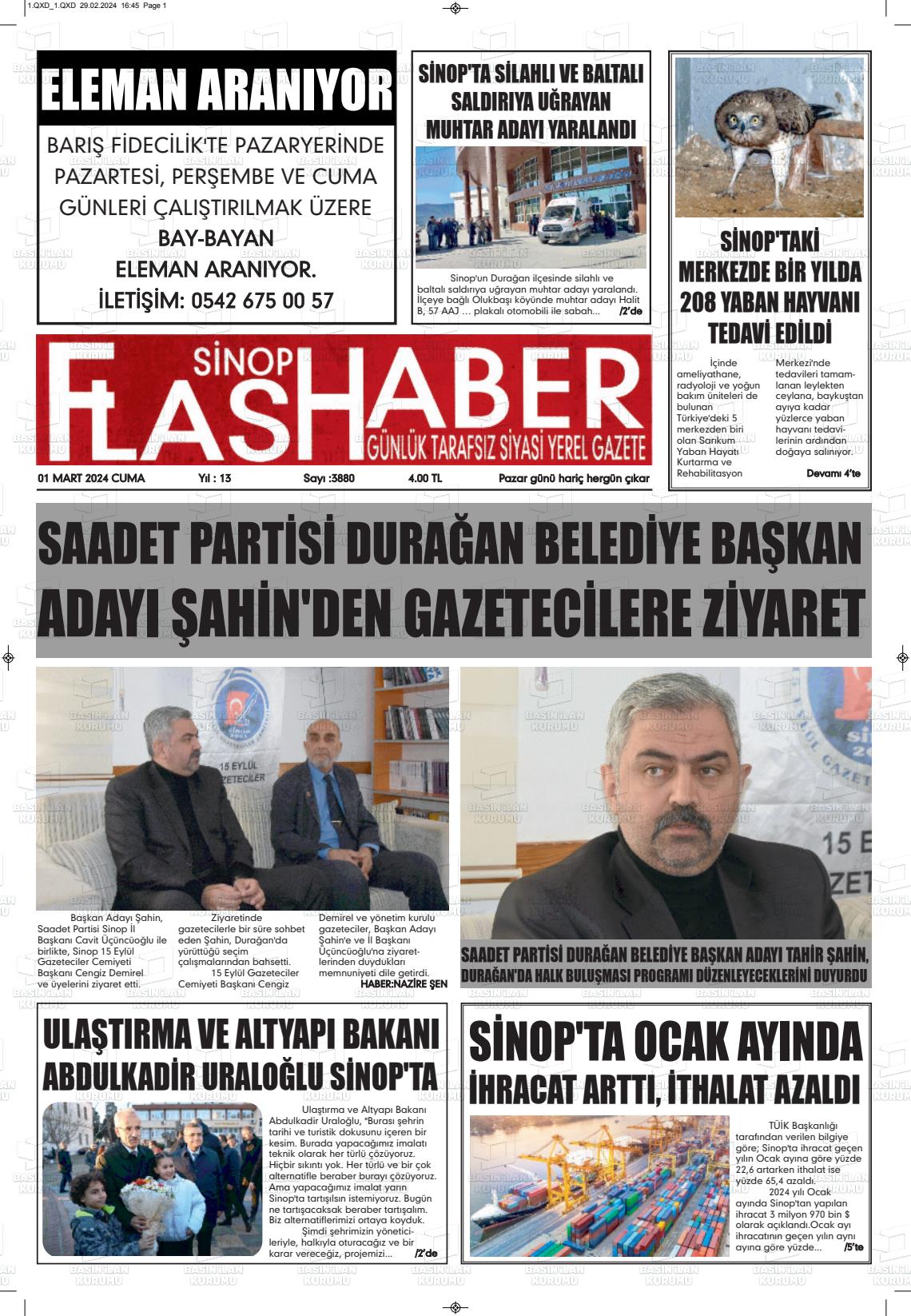 01 Mart 2024 Sinop Flaş Haber Gazete Manşeti