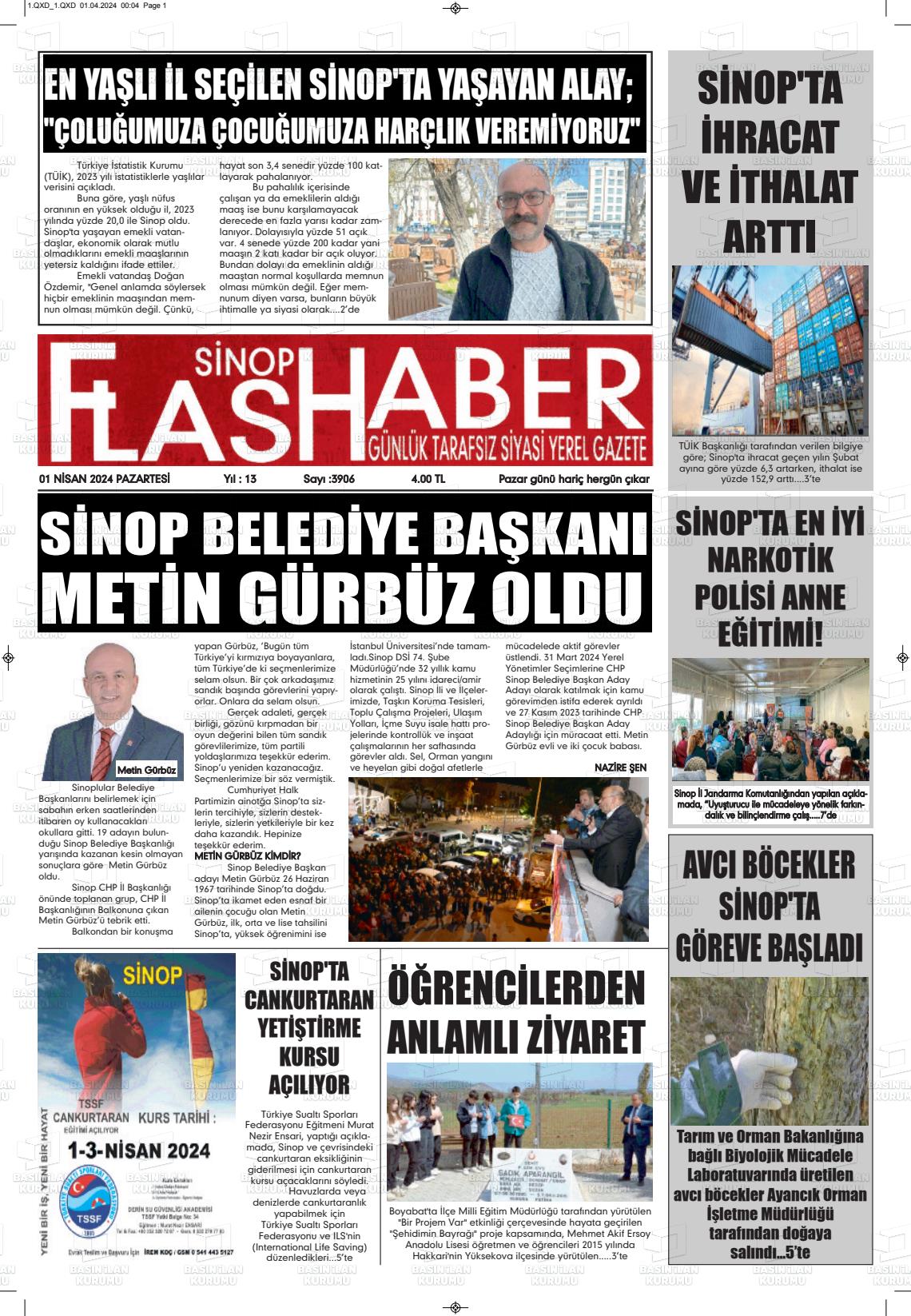 01 Nisan 2024 Sinop Flaş Haber Gazete Manşeti