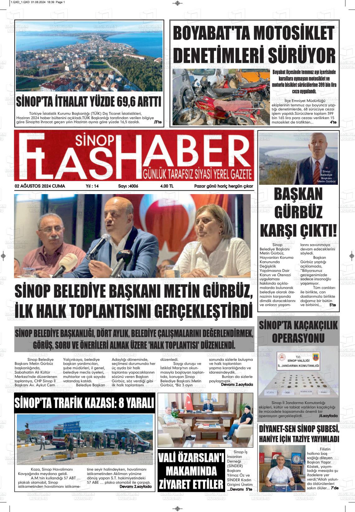 02 Ağustos 2024 Sinop Flaş Haber Gazete Manşeti