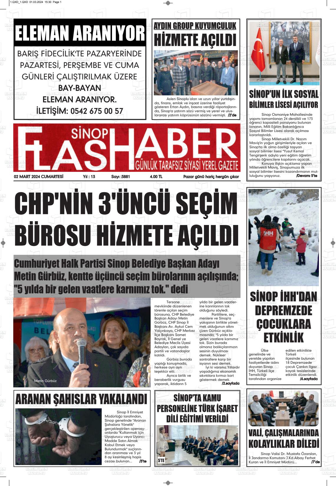 02 Mart 2024 Sinop Flaş Haber Gazete Manşeti