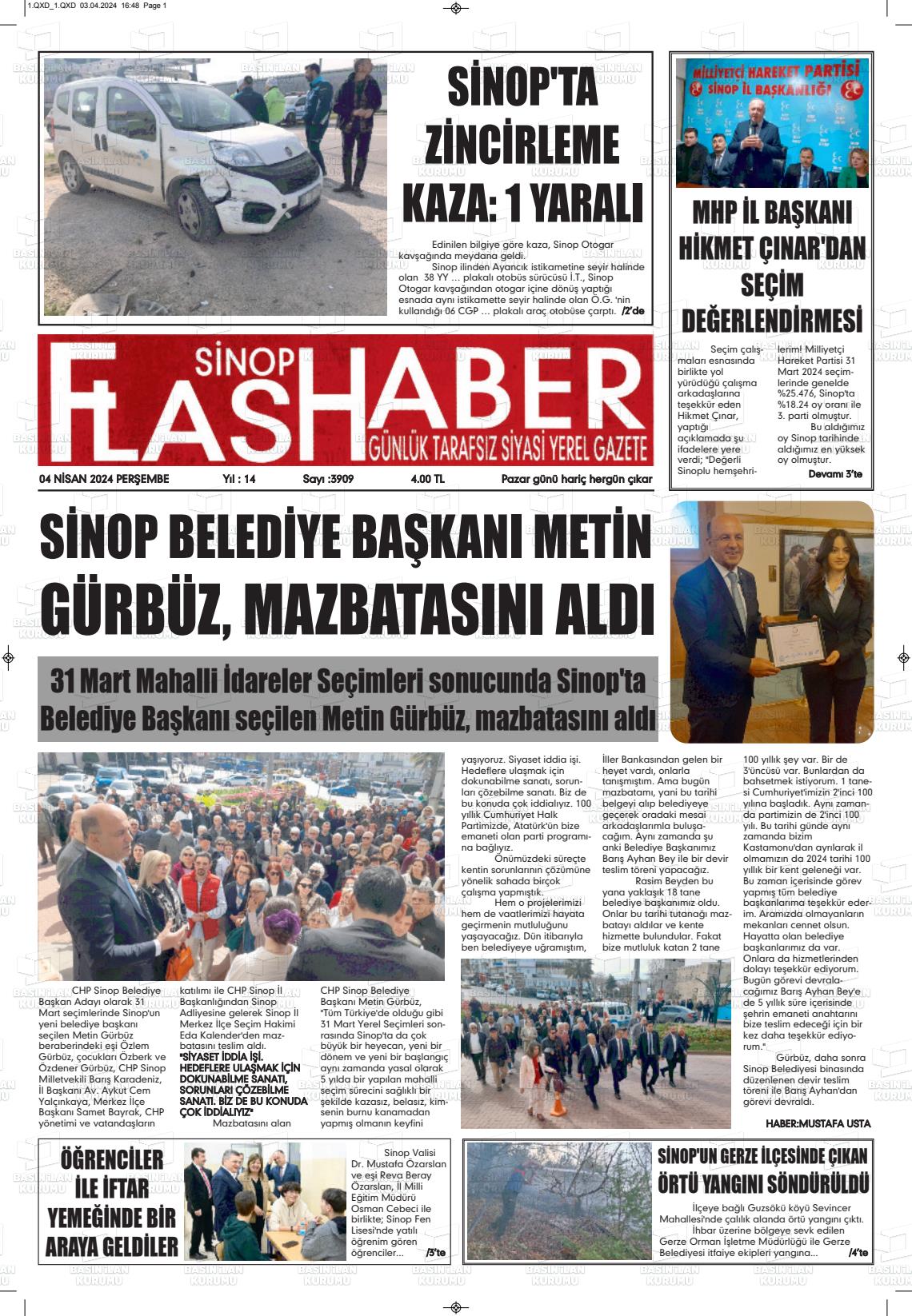 04 Nisan 2024 Sinop Flaş Haber Gazete Manşeti