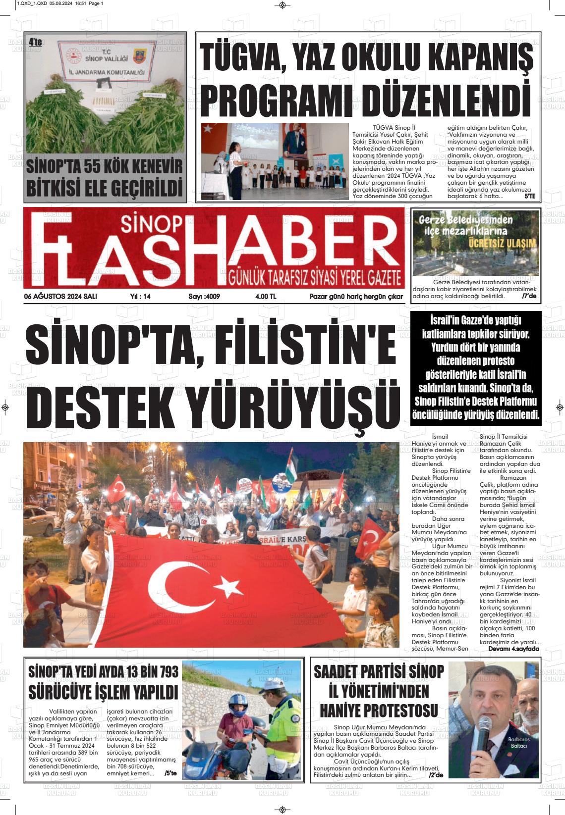 06 Ağustos 2024 Sinop Flaş Haber Gazete Manşeti