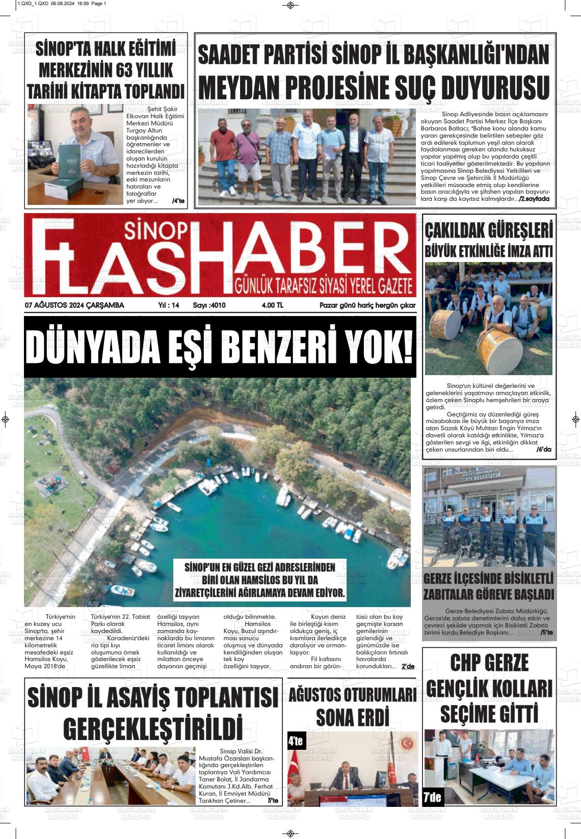 07 Ağustos 2024 Sinop Flaş Haber Gazete Manşeti