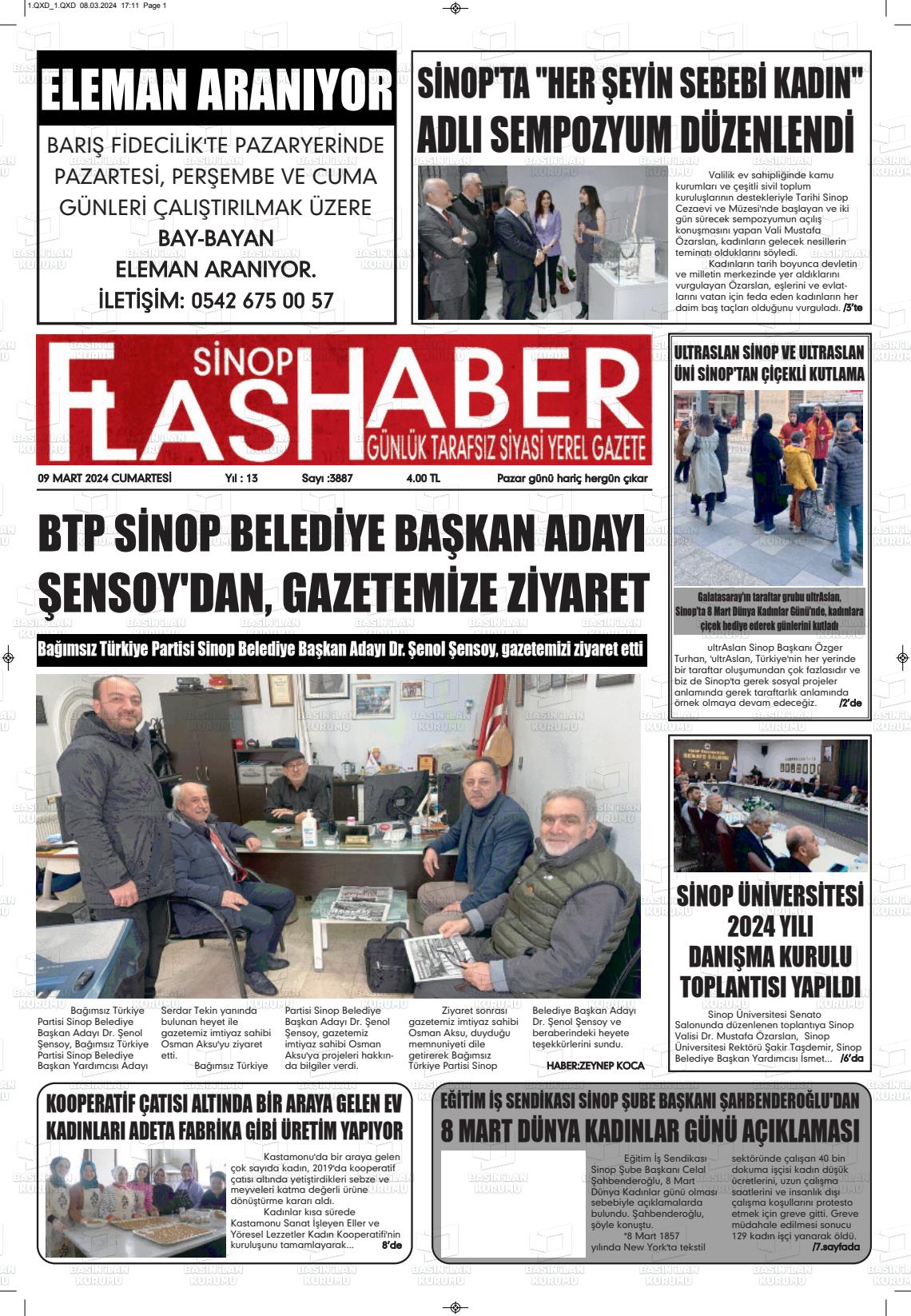 09 Mart 2024 Sinop Flaş Haber Gazete Manşeti