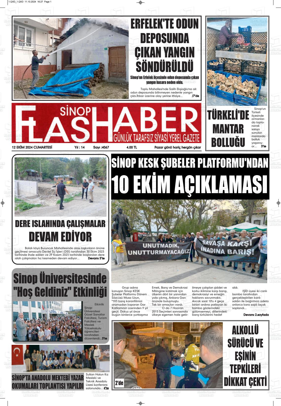 12 Ekim 2024 Sinop Flaş Haber Gazete Manşeti