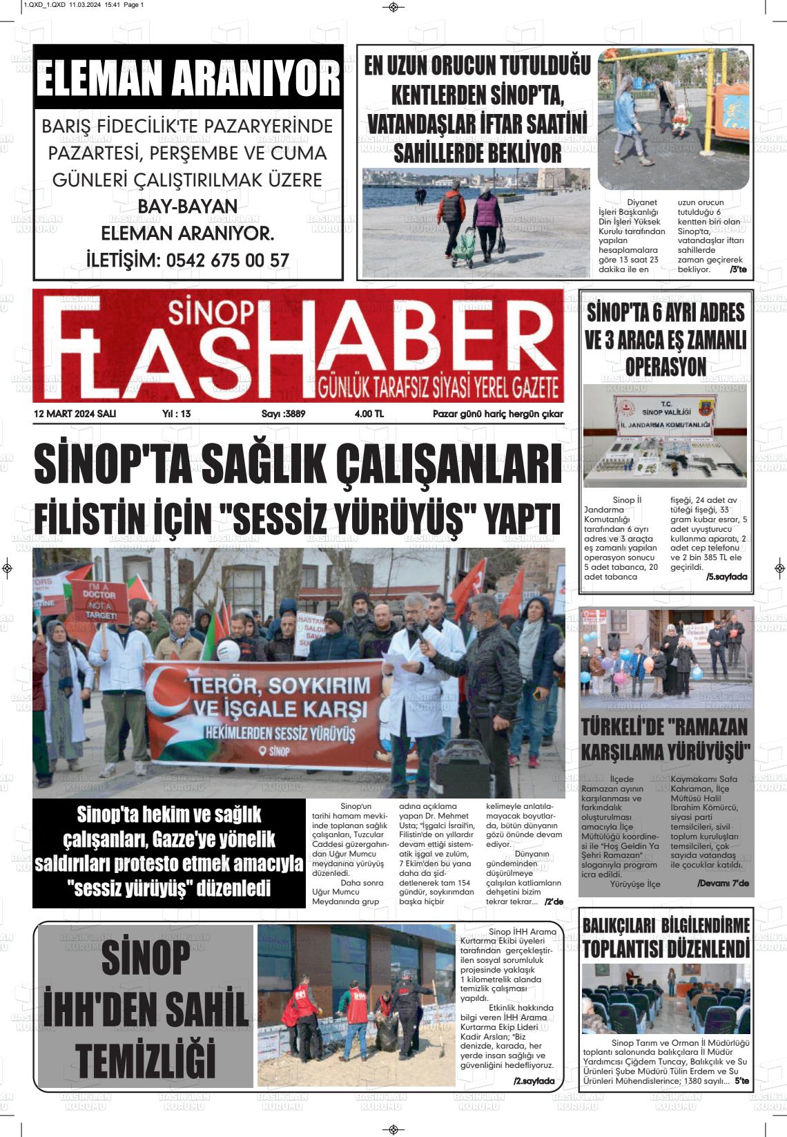 12 Mart 2024 Sinop Flaş Haber Gazete Manşeti