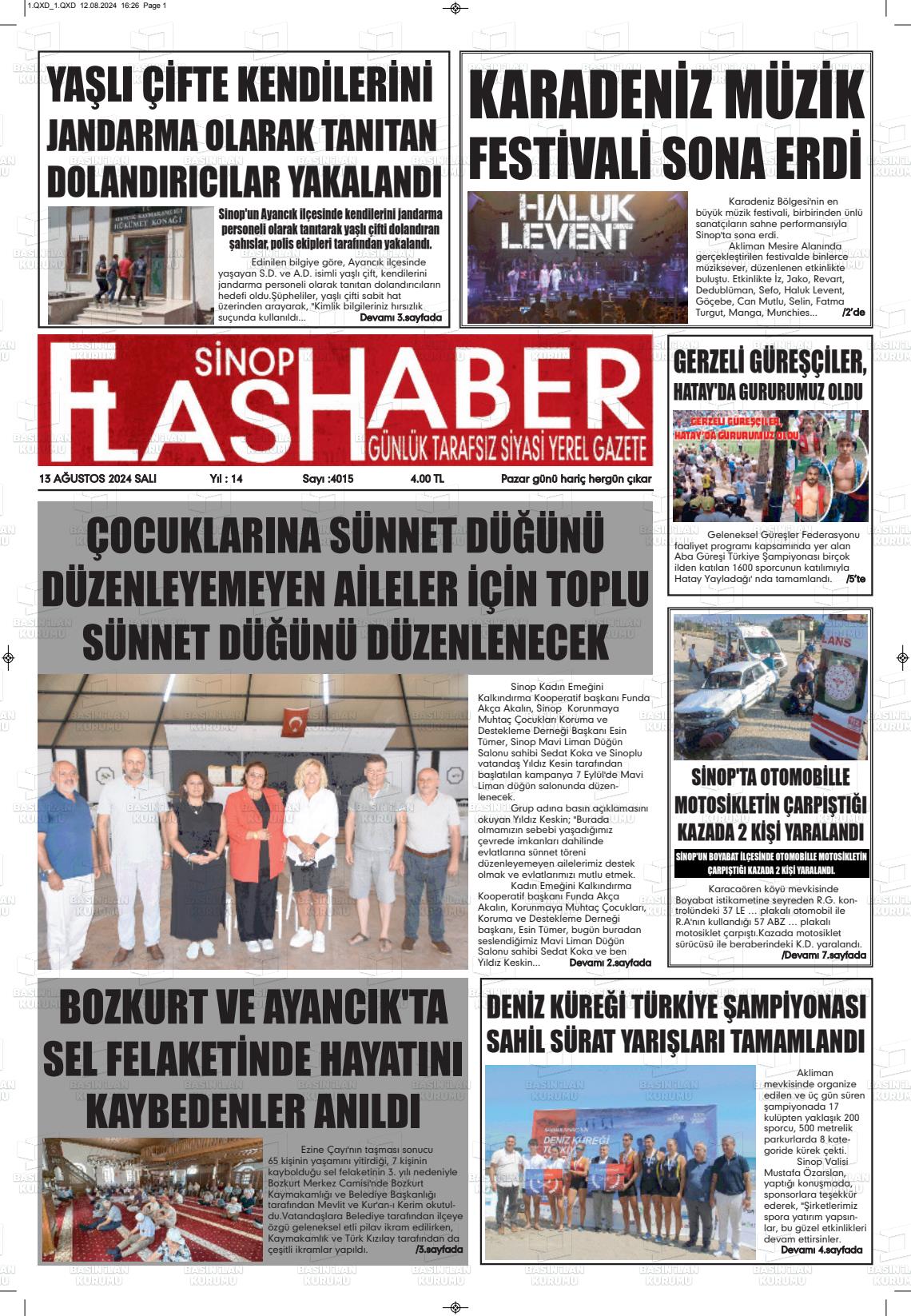 13 Ağustos 2024 Sinop Flaş Haber Gazete Manşeti