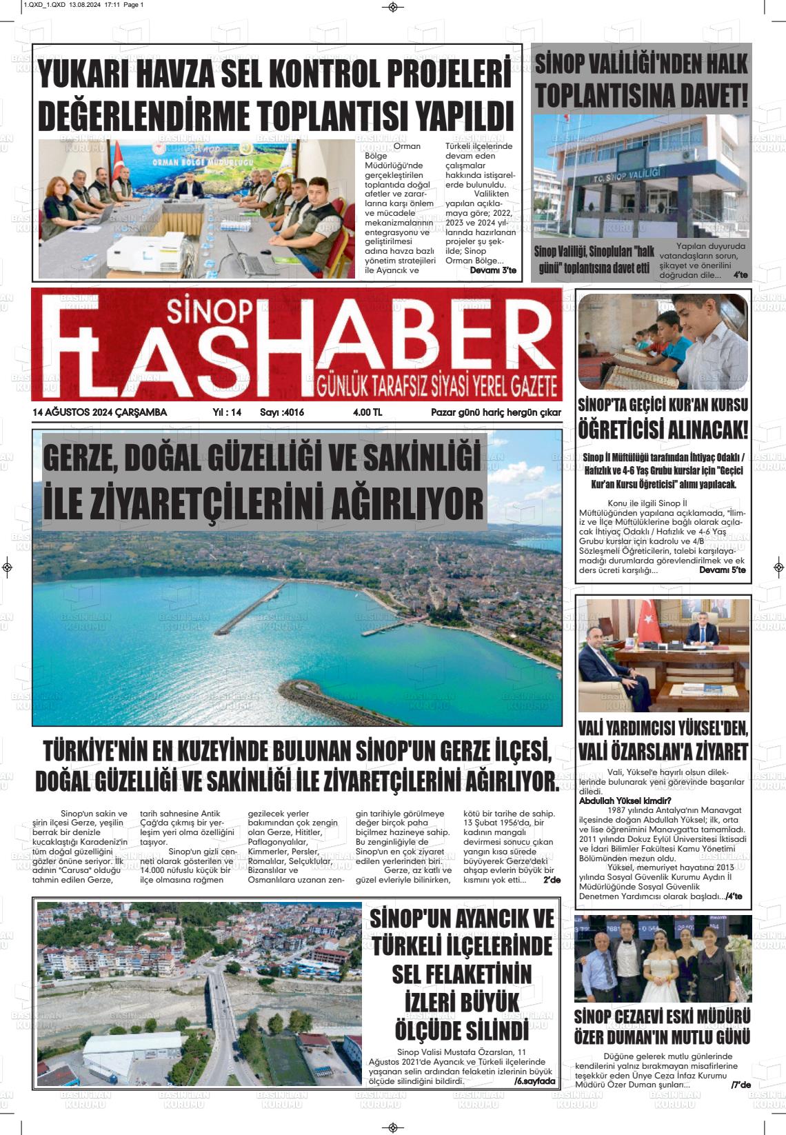 14 Ağustos 2024 Sinop Flaş Haber Gazete Manşeti