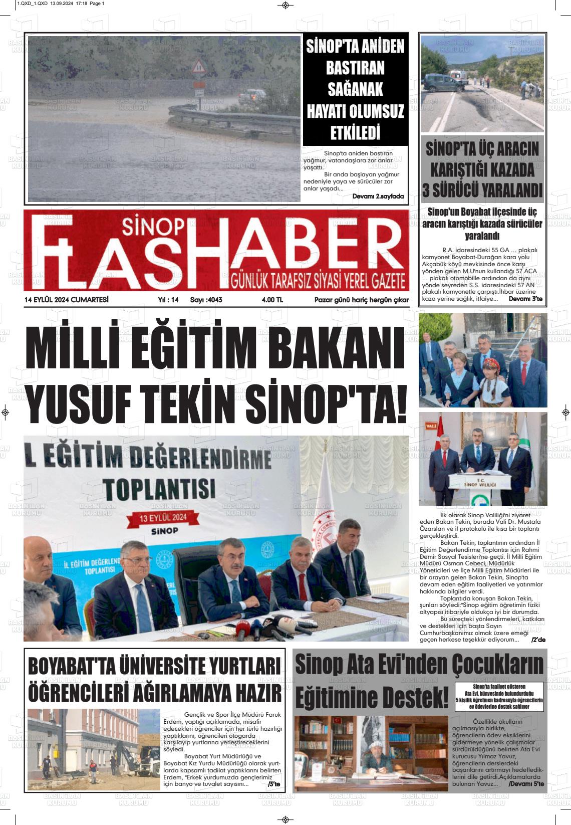 14 Eylül 2024 Sinop Flaş Haber Gazete Manşeti