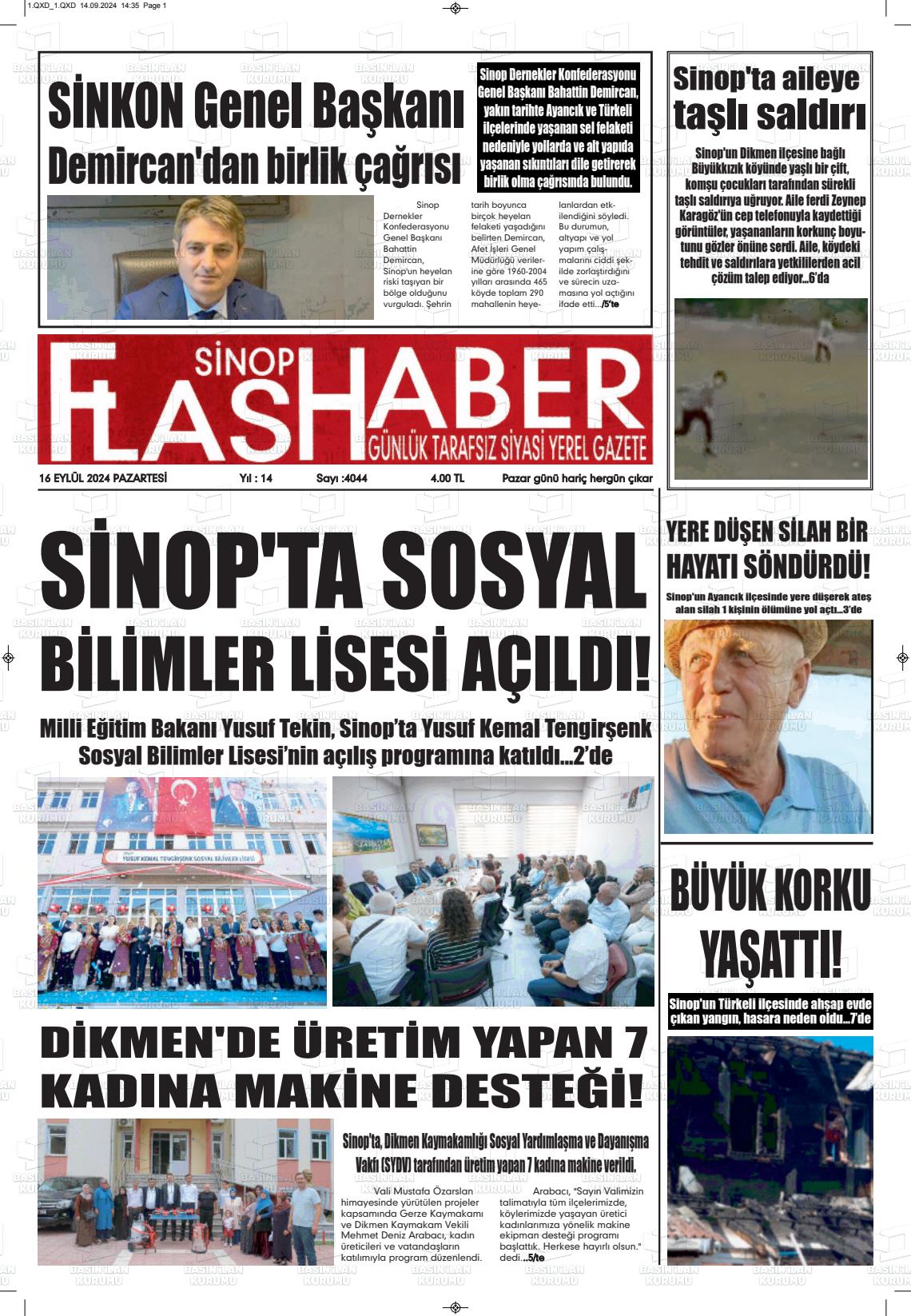 16 Eylül 2024 Sinop Flaş Haber Gazete Manşeti