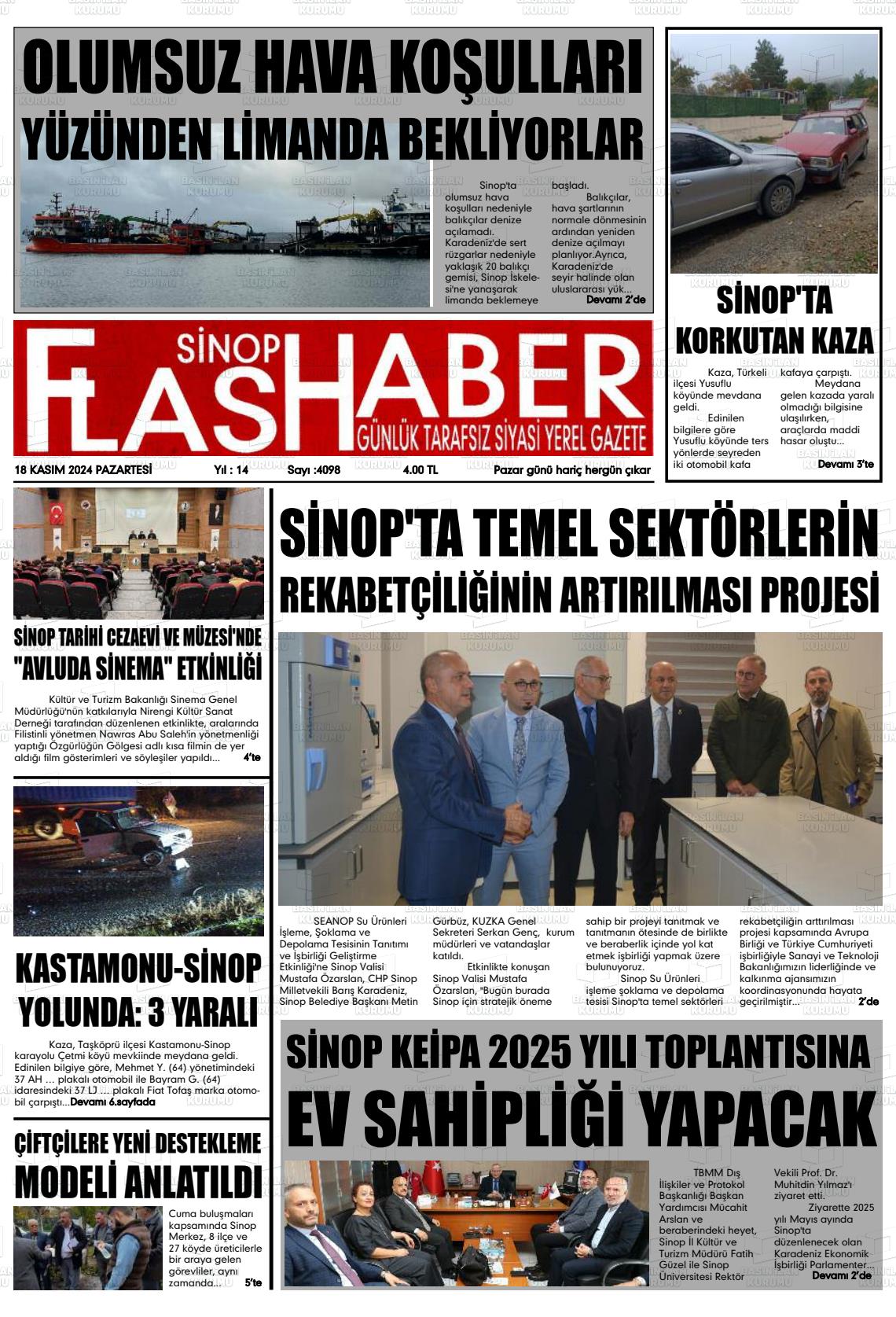 18 Kasım 2024 Sinop Flaş Haber Gazete Manşeti