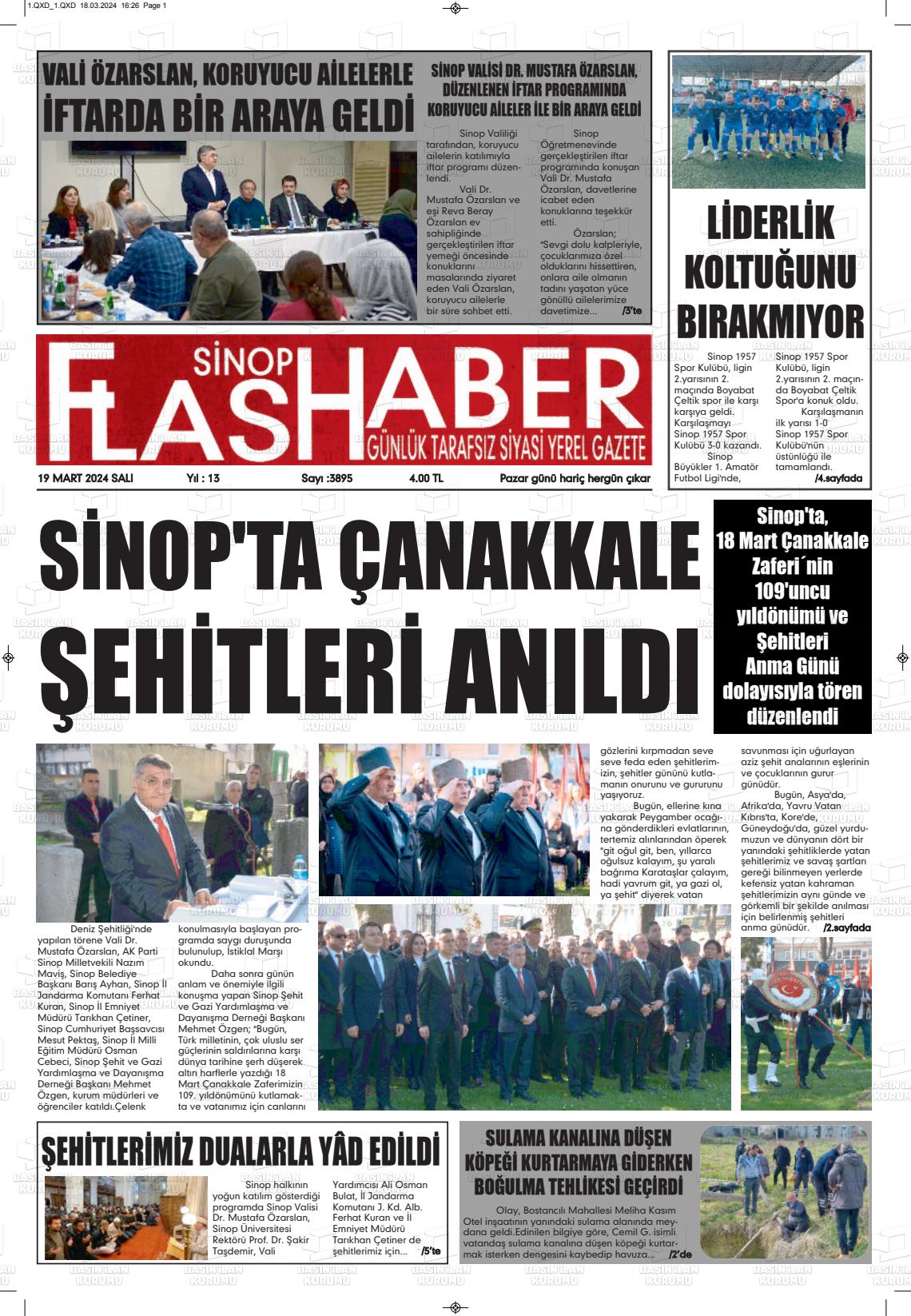 19 Mart 2024 Sinop Flaş Haber Gazete Manşeti