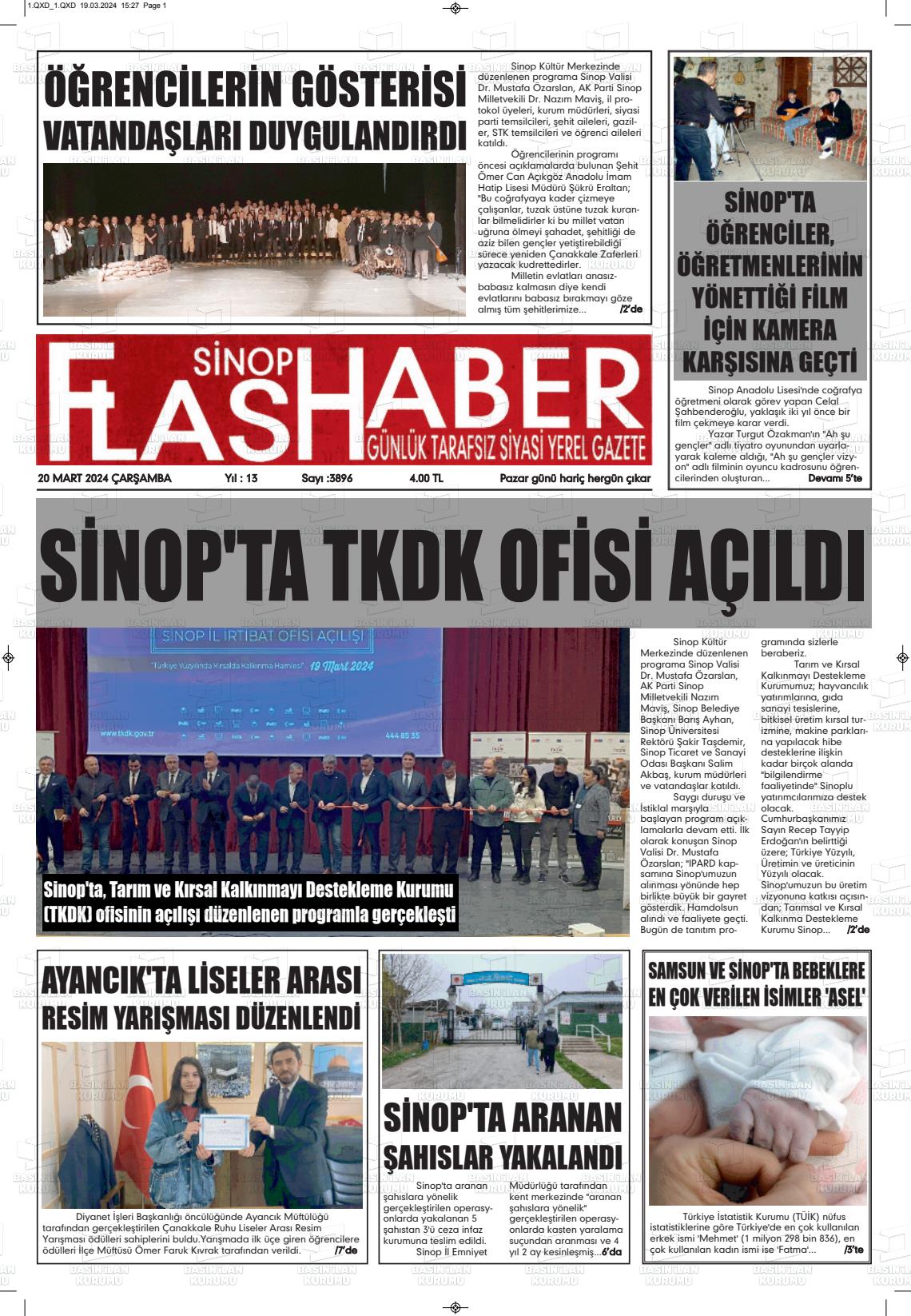 20 Mart 2024 Sinop Flaş Haber Gazete Manşeti