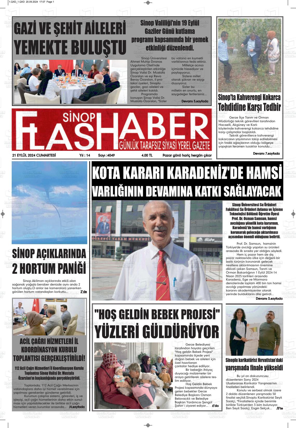 21 Eylül 2024 Sinop Flaş Haber Gazete Manşeti