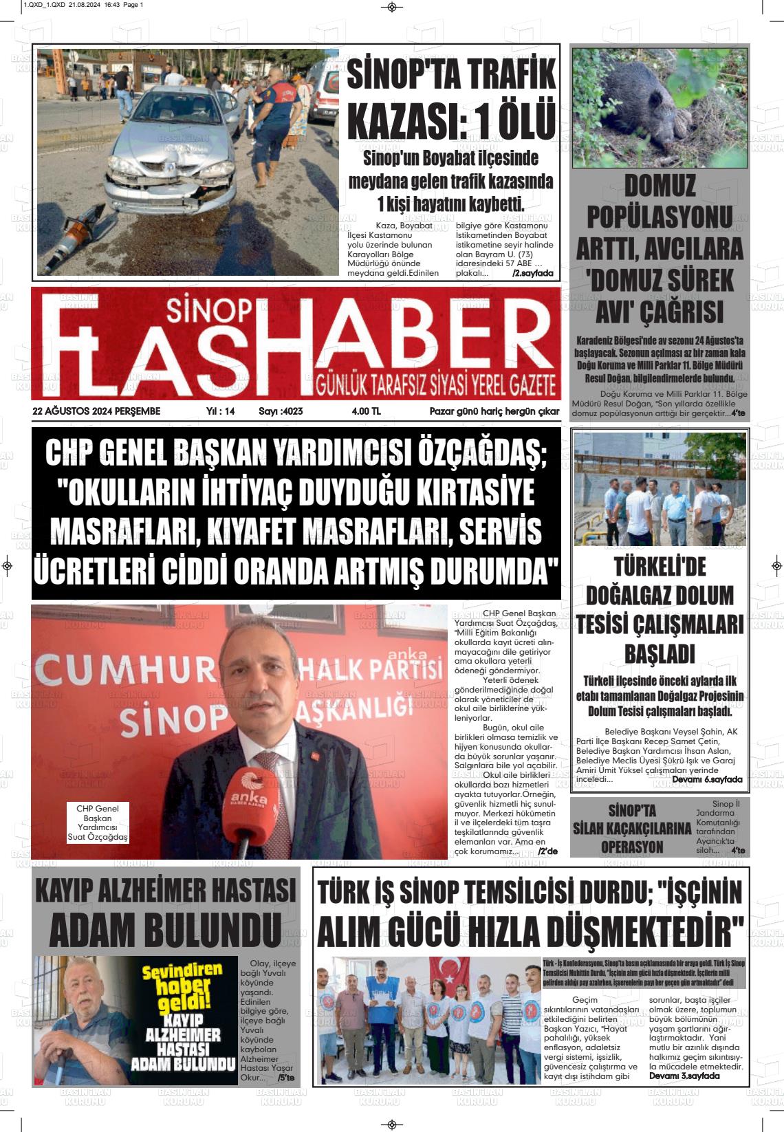 22 Ağustos 2024 Sinop Flaş Haber Gazete Manşeti