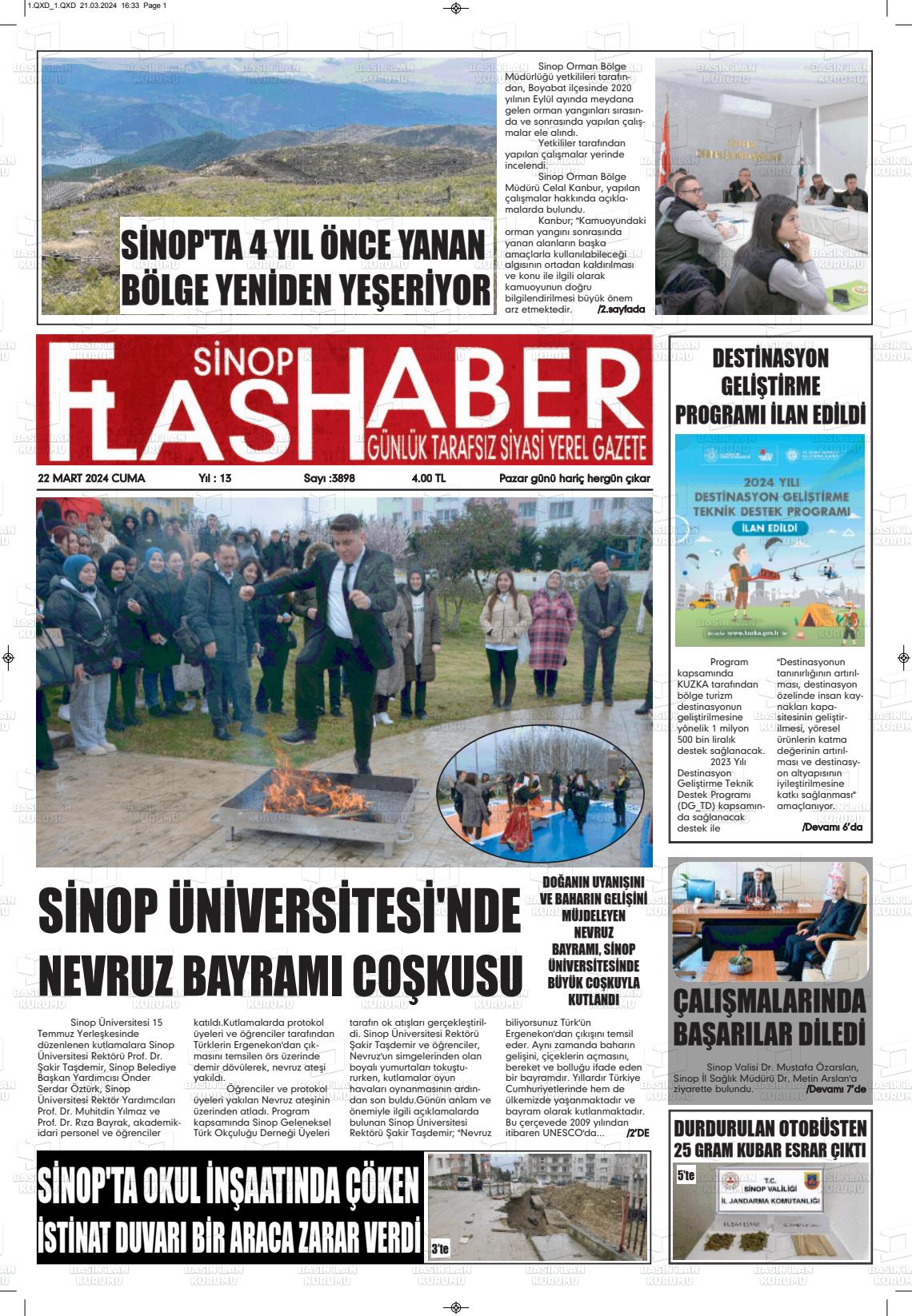 22 Mart 2024 Sinop Flaş Haber Gazete Manşeti