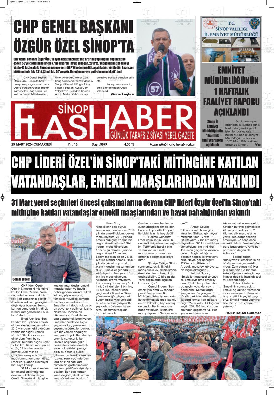 23 Mart 2024 Sinop Flaş Haber Gazete Manşeti