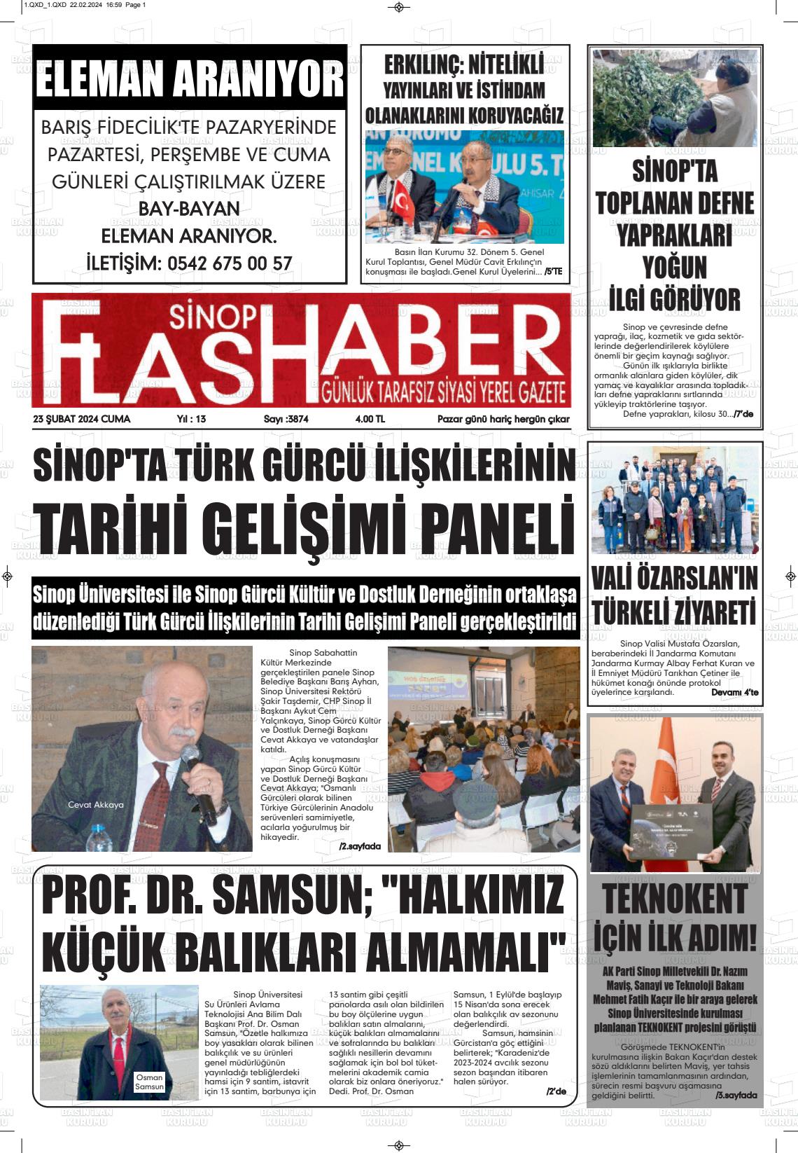 23 Şubat 2024 Sinop Flaş Haber Gazete Manşeti