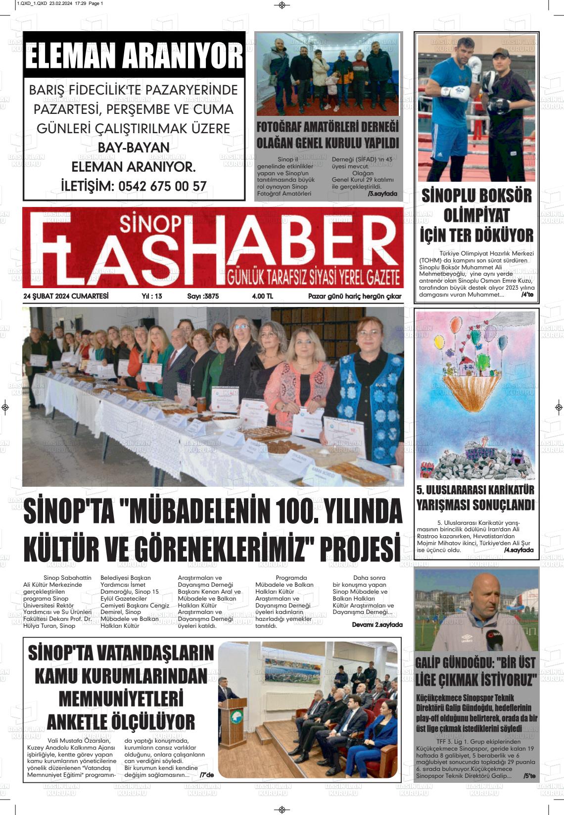 24 Şubat 2024 Sinop Flaş Haber Gazete Manşeti