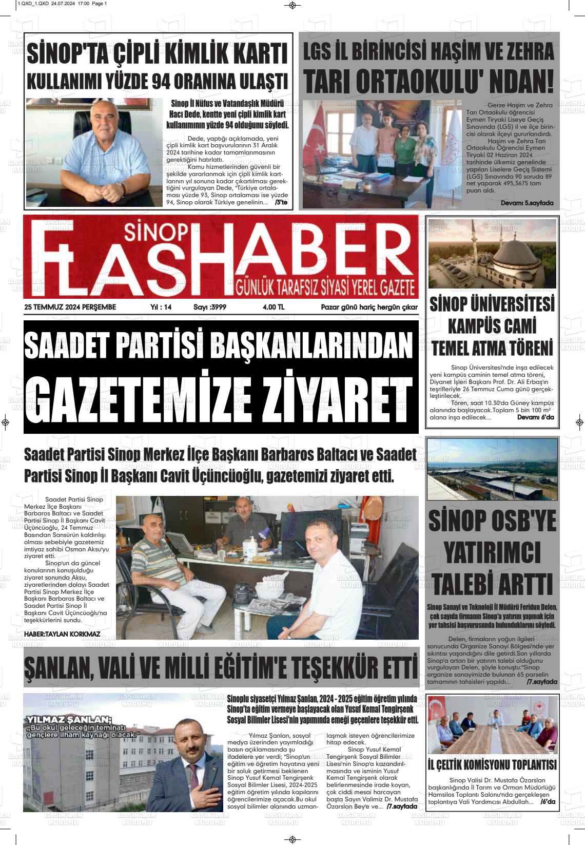 25 Temmuz 2024 Sinop Flaş Haber Gazete Manşeti