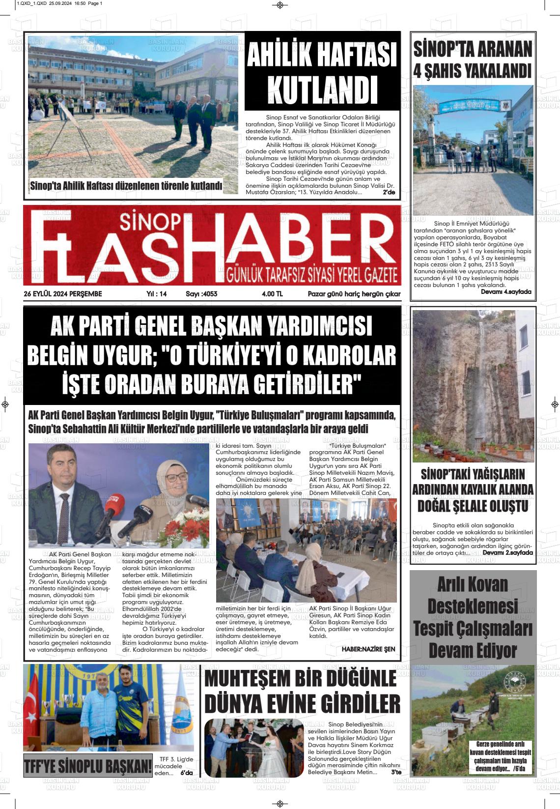 26 Eylül 2024 Sinop Flaş Haber Gazete Manşeti