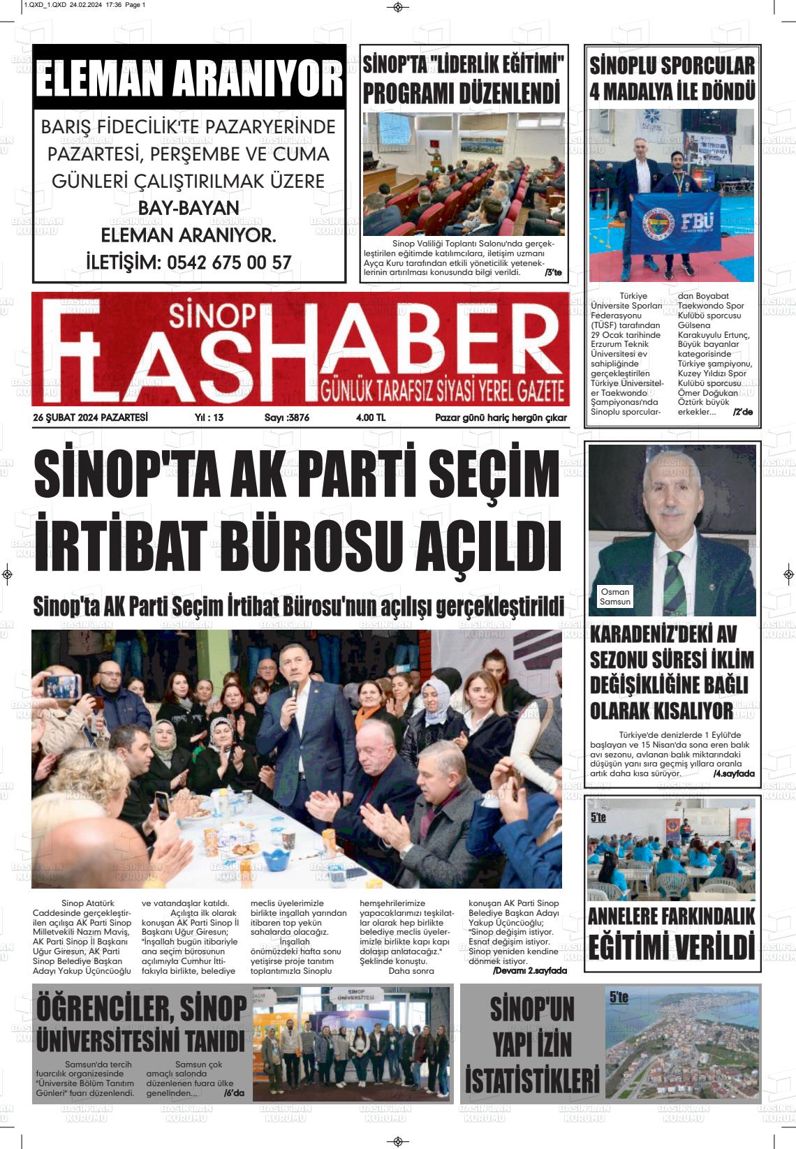 26 Şubat 2024 Sinop Flaş Haber Gazete Manşeti