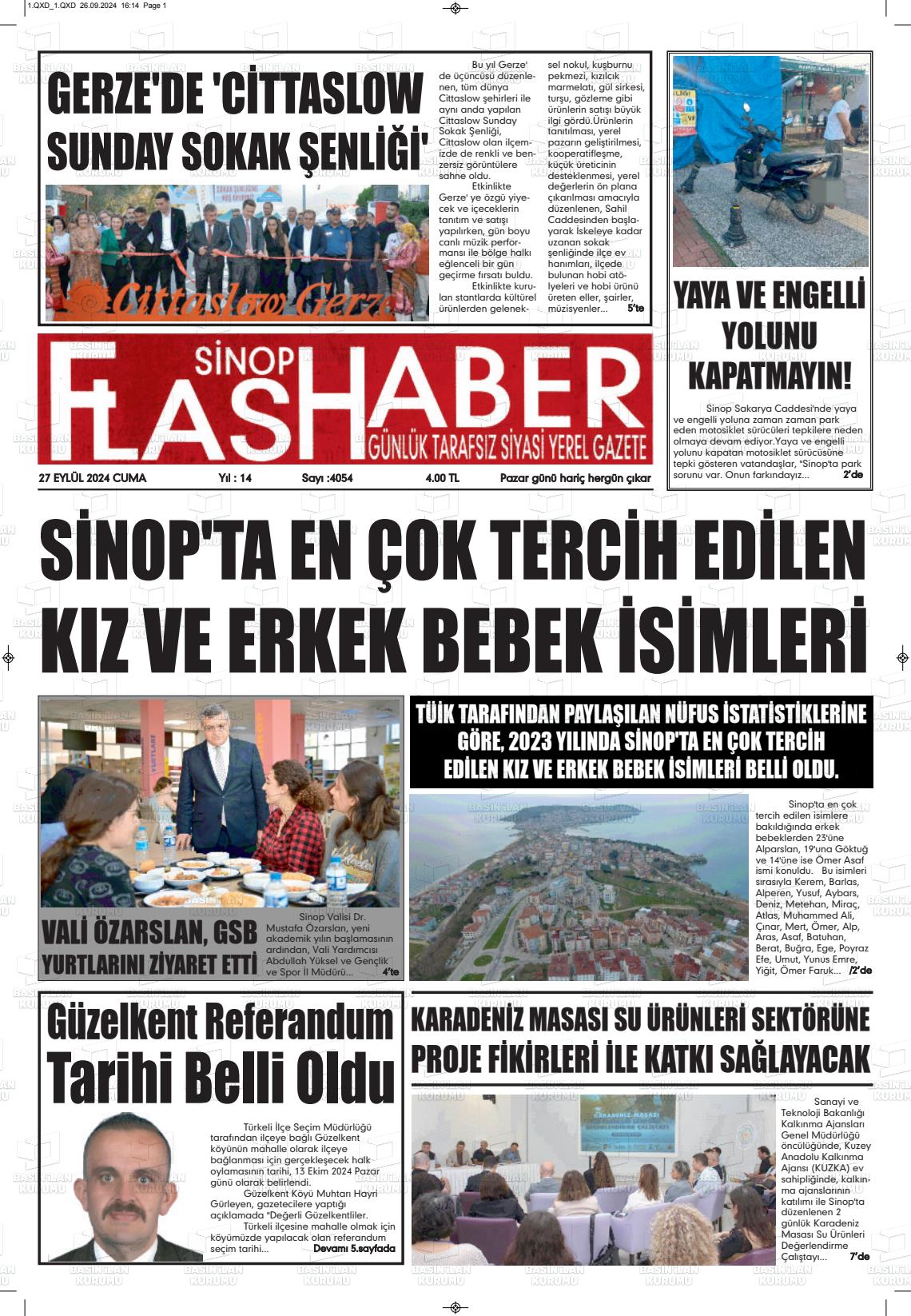 27 Eylül 2024 Sinop Flaş Haber Gazete Manşeti