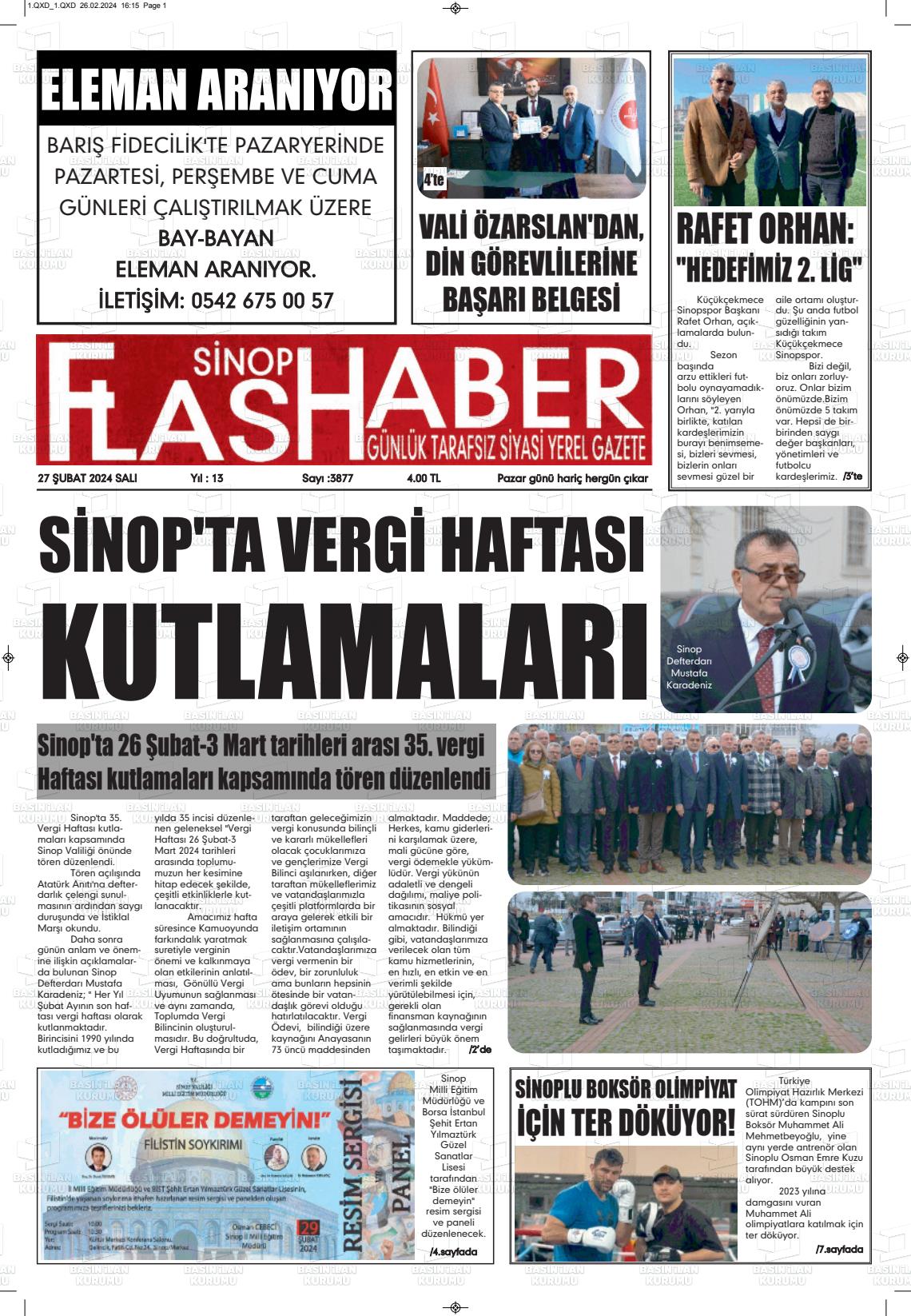 27 Şubat 2024 Sinop Flaş Haber Gazete Manşeti