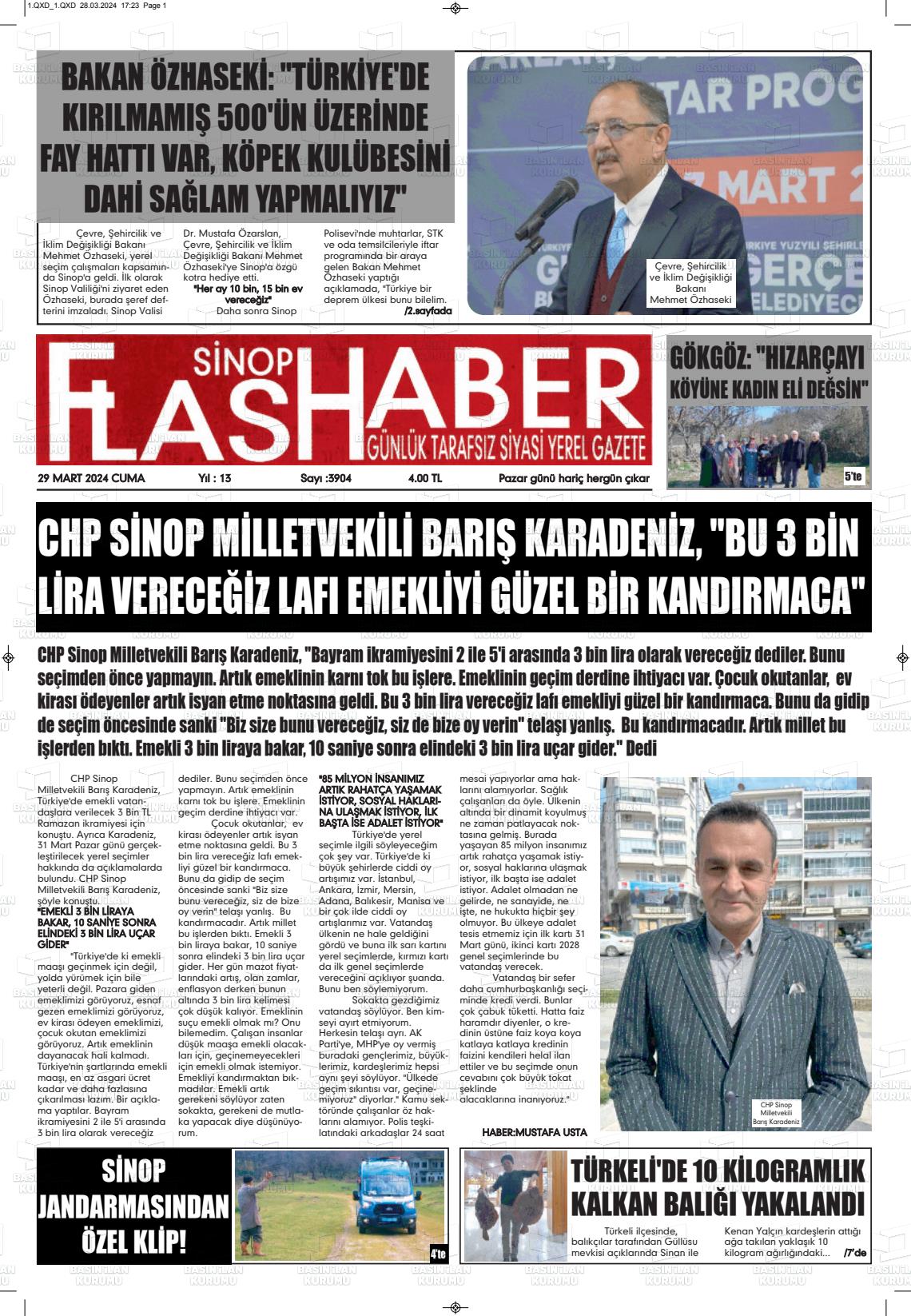 29 Mart 2024 Sinop Flaş Haber Gazete Manşeti