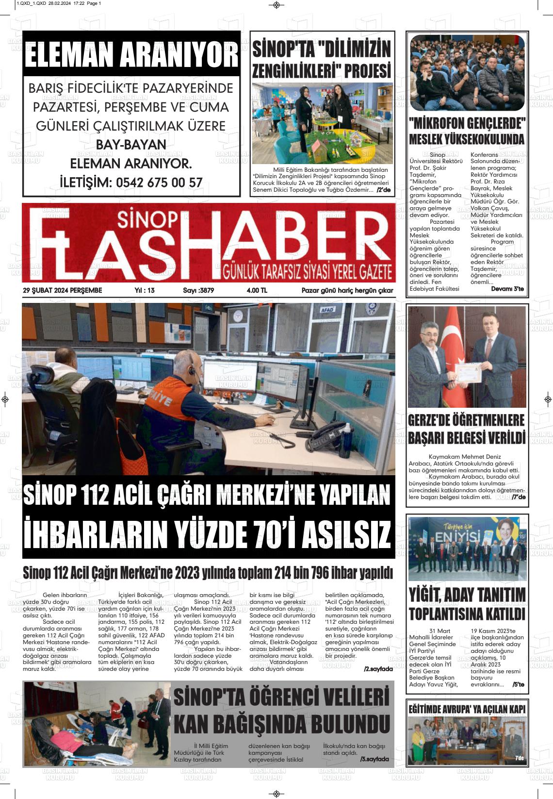 29 Şubat 2024 Sinop Flaş Haber Gazete Manşeti