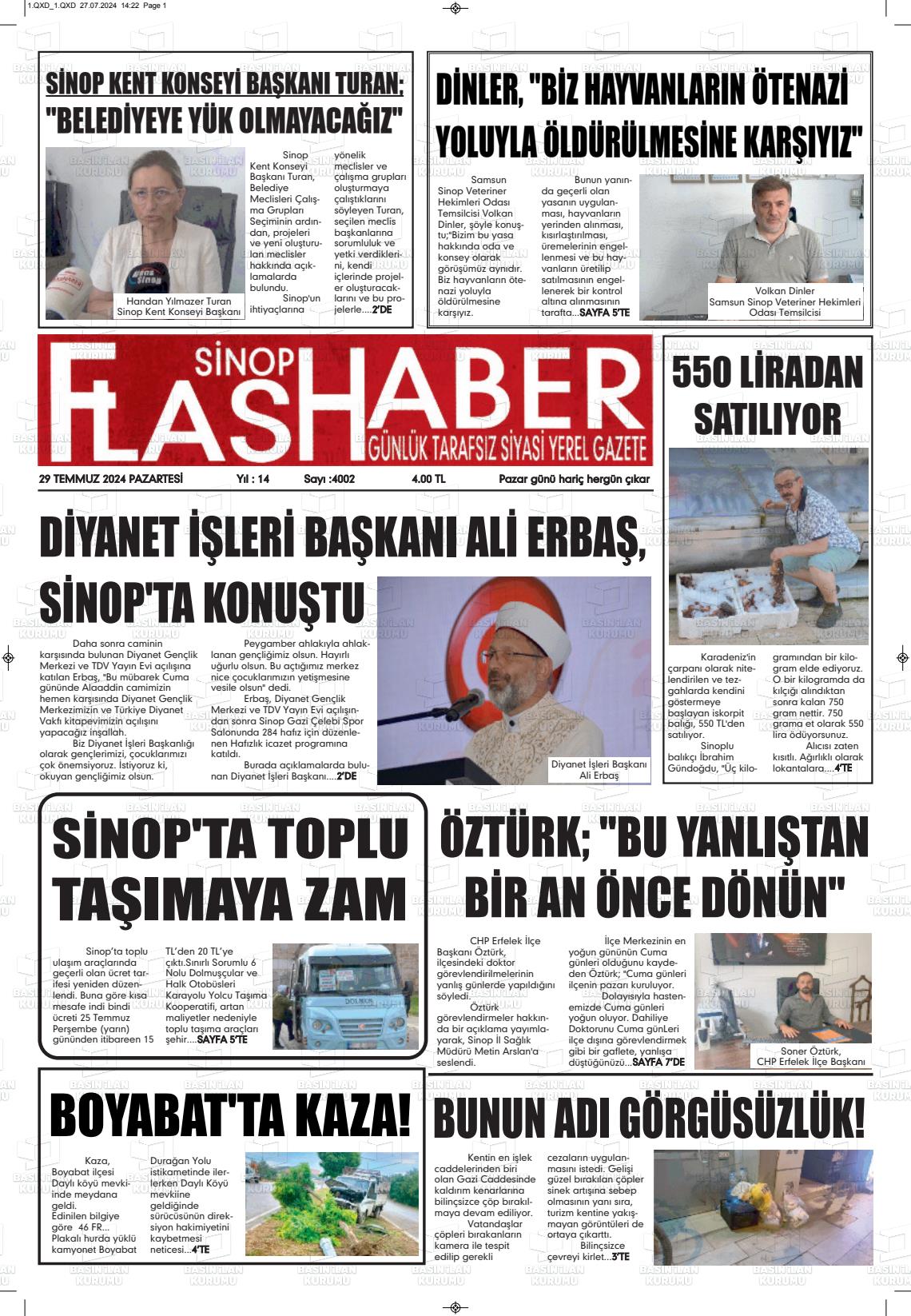 29 Temmuz 2024 Sinop Flaş Haber Gazete Manşeti