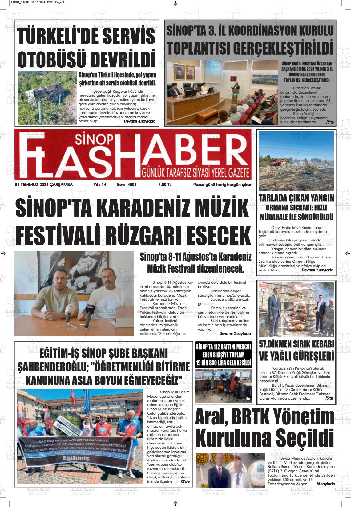 31 Temmuz 2024 Sinop Flaş Haber Gazete Manşeti