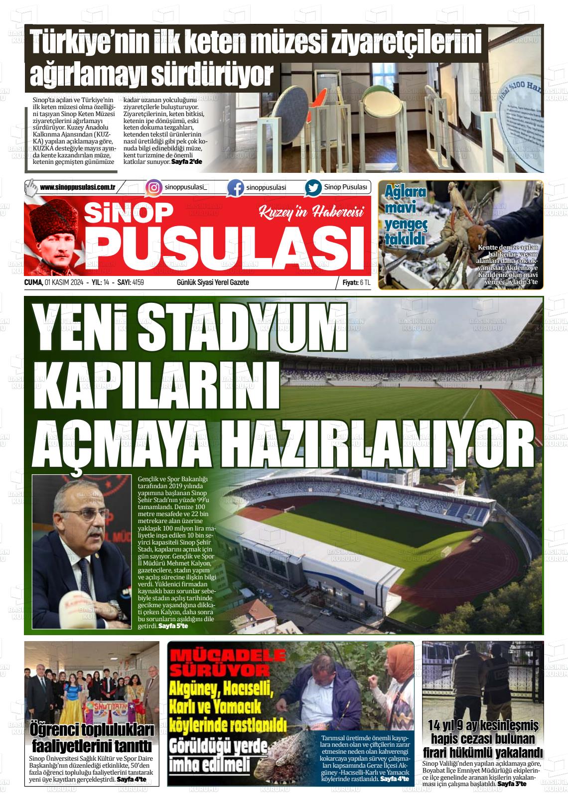 01 Kasım 2024 Sinop Pusulası Gazete Manşeti