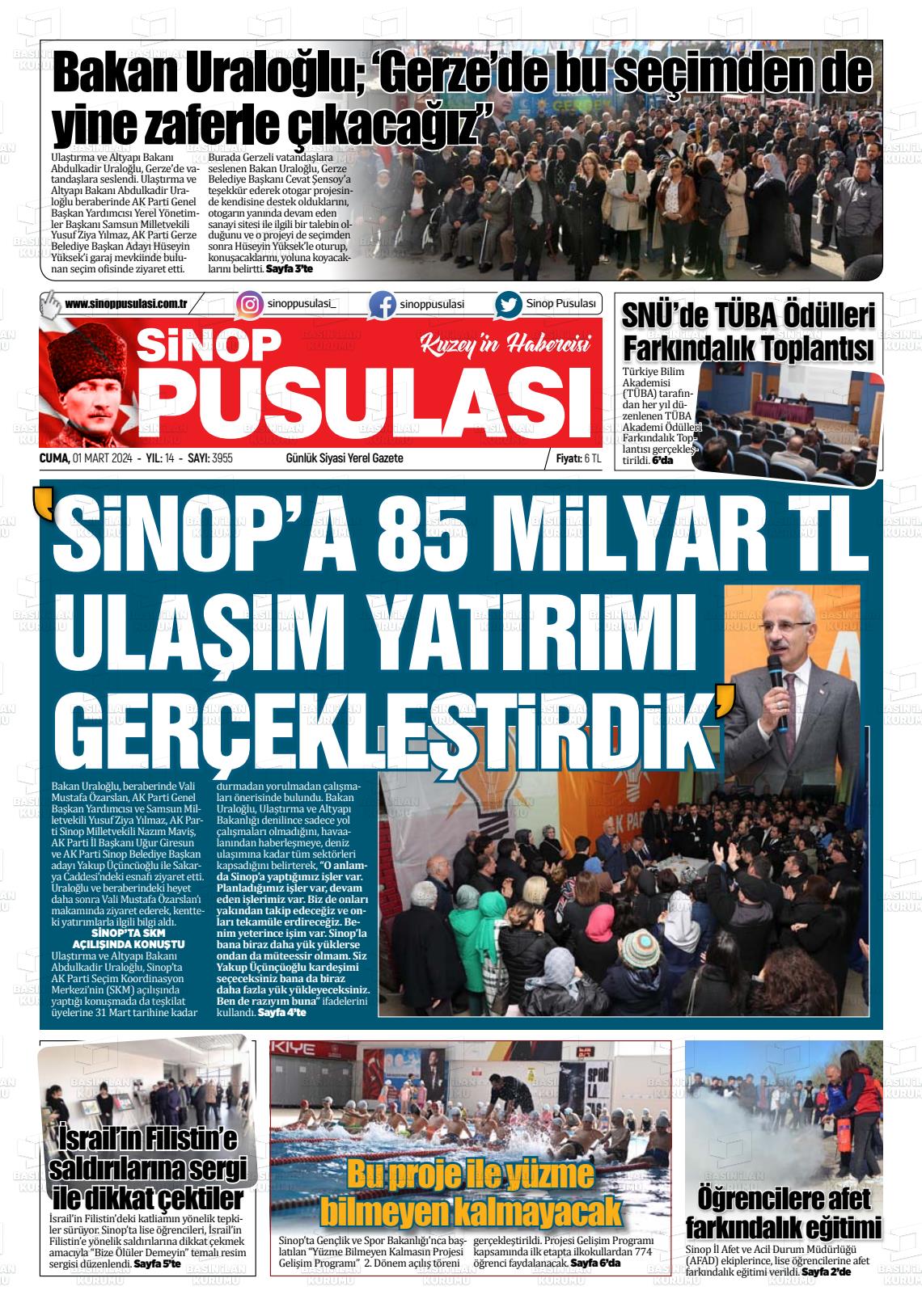 01 Mart 2024 Sinop Pusulası Gazete Manşeti