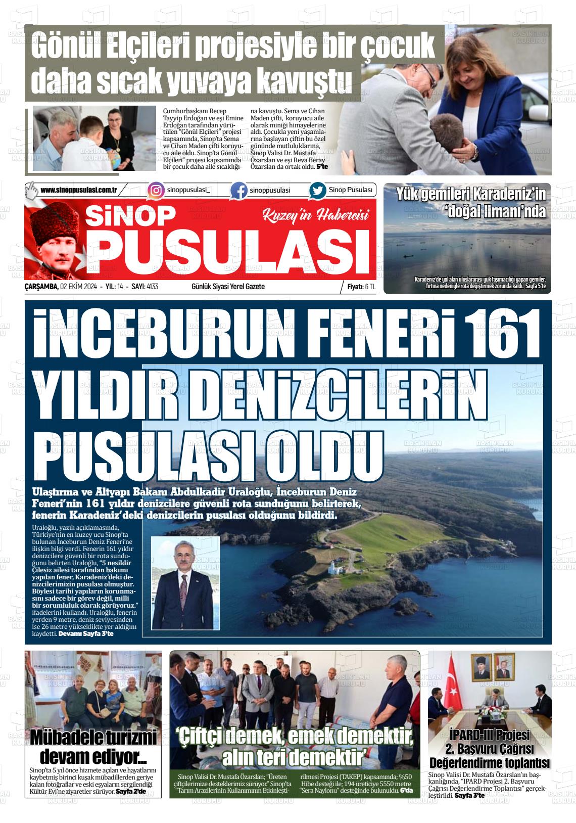 02 Ekim 2024 Sinop Pusulası Gazete Manşeti