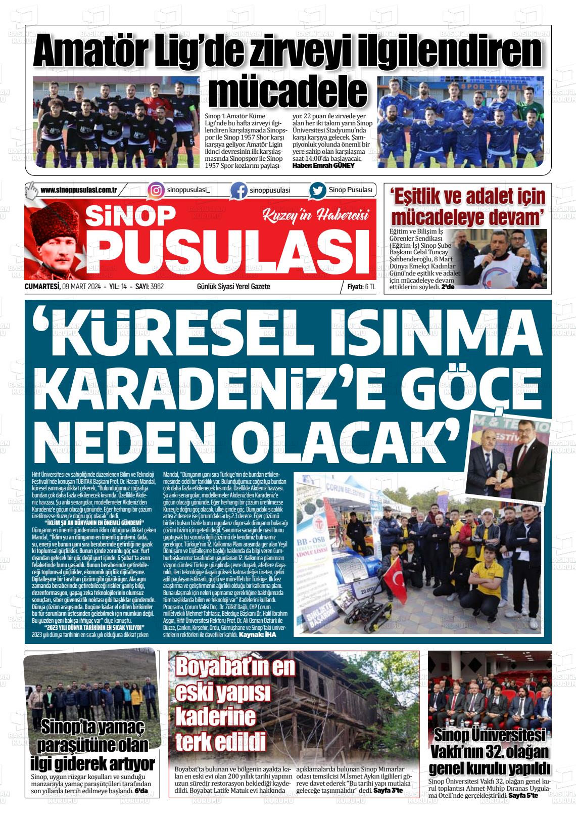 09 Mart 2024 Sinop Pusulası Gazete Manşeti