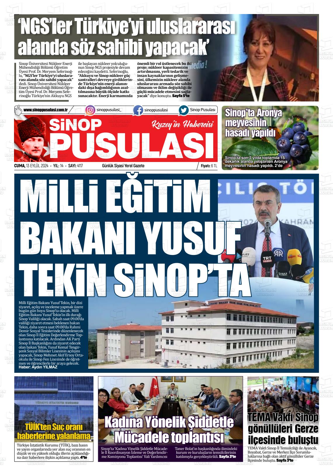 13 Eylül 2024 Sinop Pusulası Gazete Manşeti