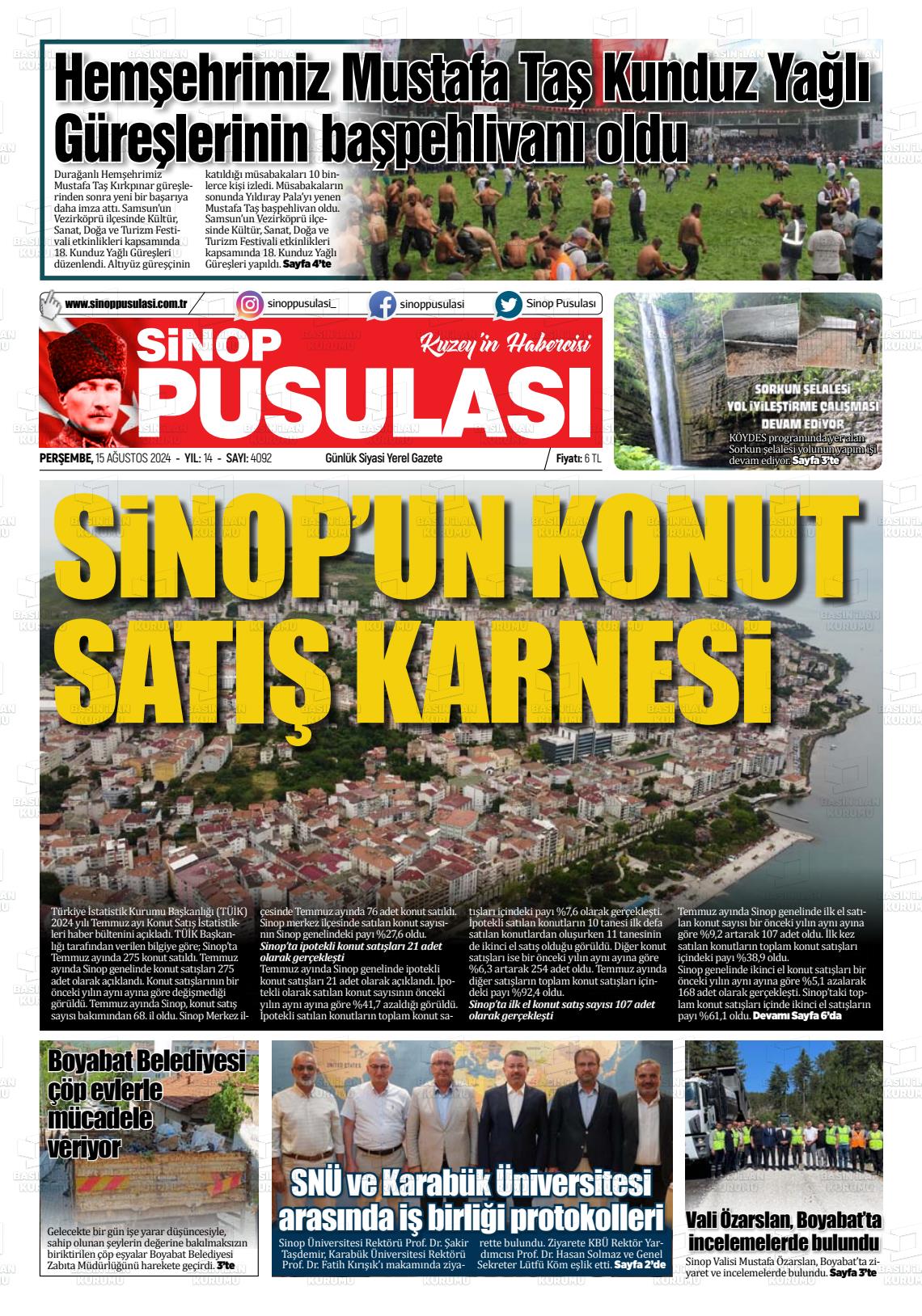 15 Ağustos 2024 Sinop Pusulası Gazete Manşeti