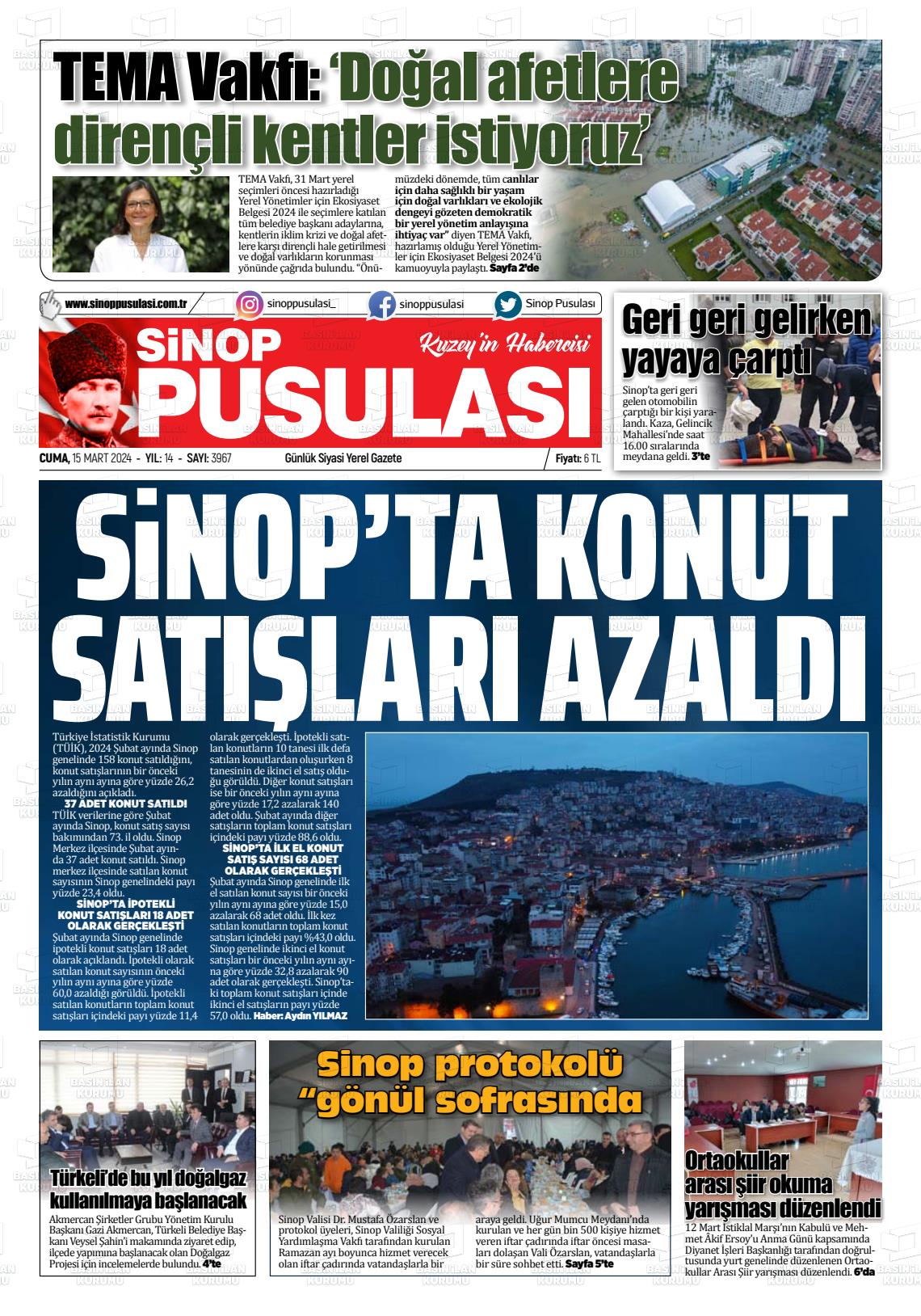 15 Mart 2024 Sinop Pusulası Gazete Manşeti