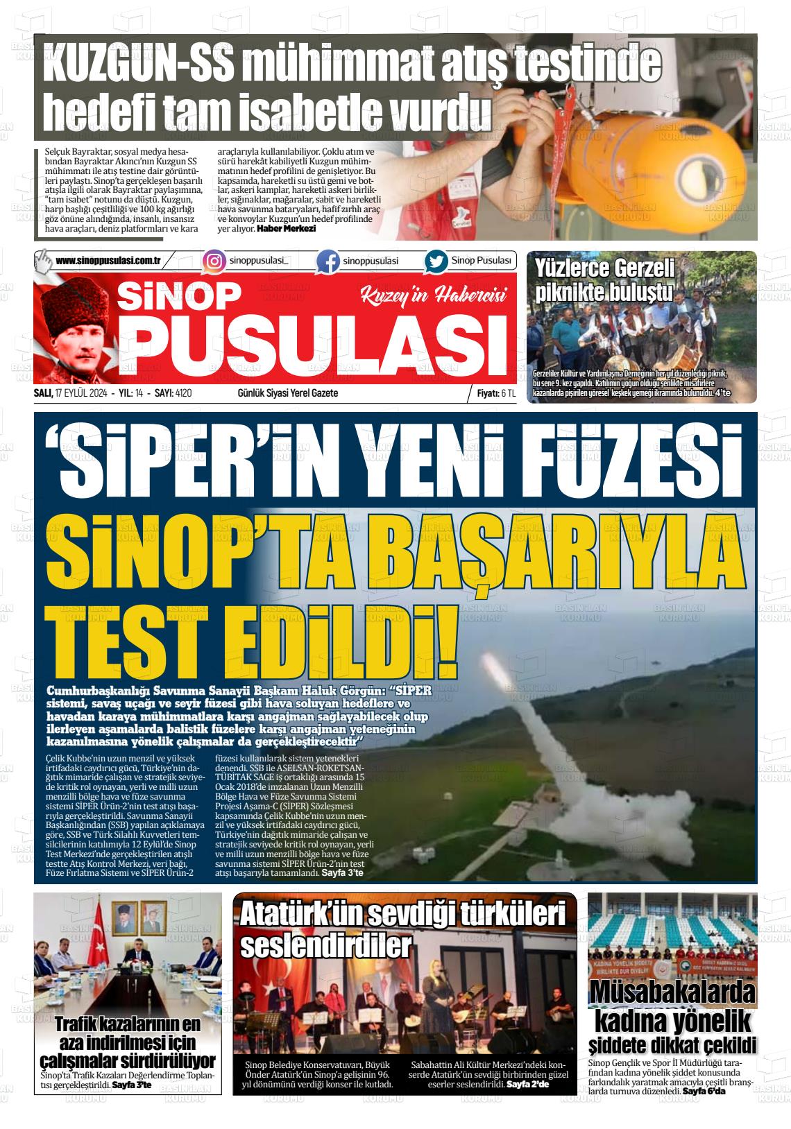 17 Eylül 2024 Sinop Pusulası Gazete Manşeti